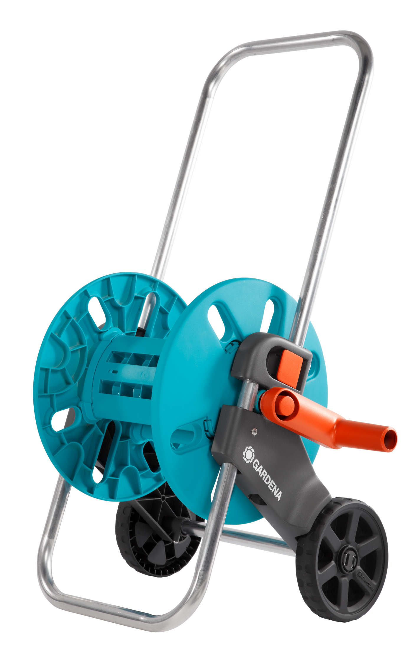 Front view of a Gardena hose reel cart with wheels and handle.