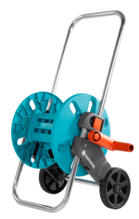 Front view of a Gardena hose reel cart with wheels and handle., miniatuur 1