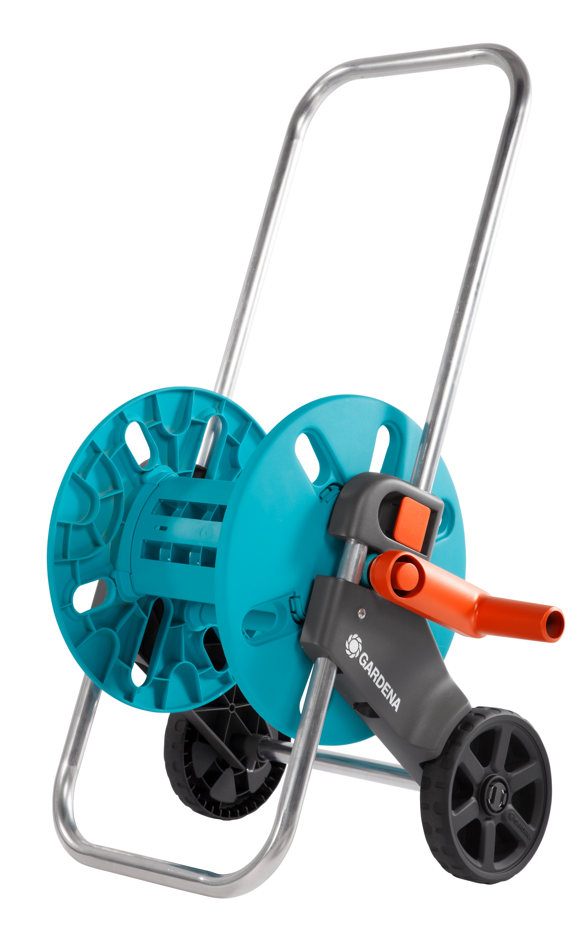 Front view of a Gardena hose reel cart with wheels and handle.