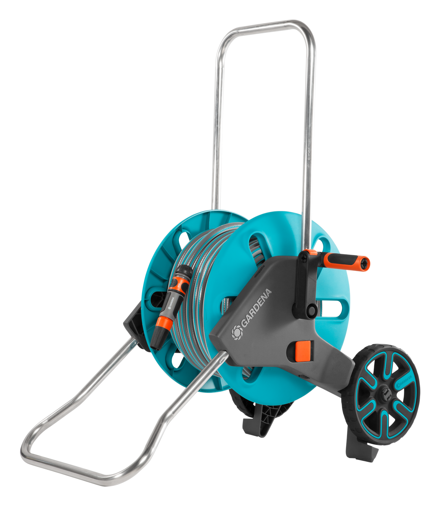 Side view of a Gardena hose reel cart with wheels and handle.