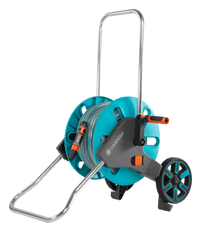 Side view of a Gardena hose reel cart with wheels and handle., miniatuur 1