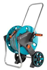 Front view of a Gardena hose reel cart with wheels and handle., miniatuur 2
