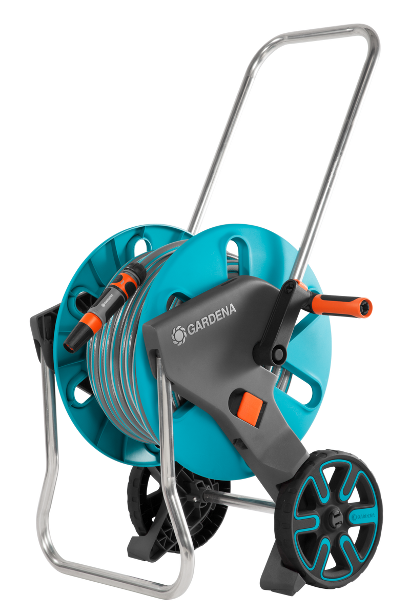 Front view of a Gardena hose reel cart with wheels and handle., detailaanzicht Vijverslang