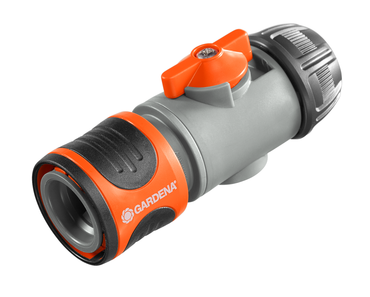 Front view of a Gardena hose connector with ergonomic grip.
