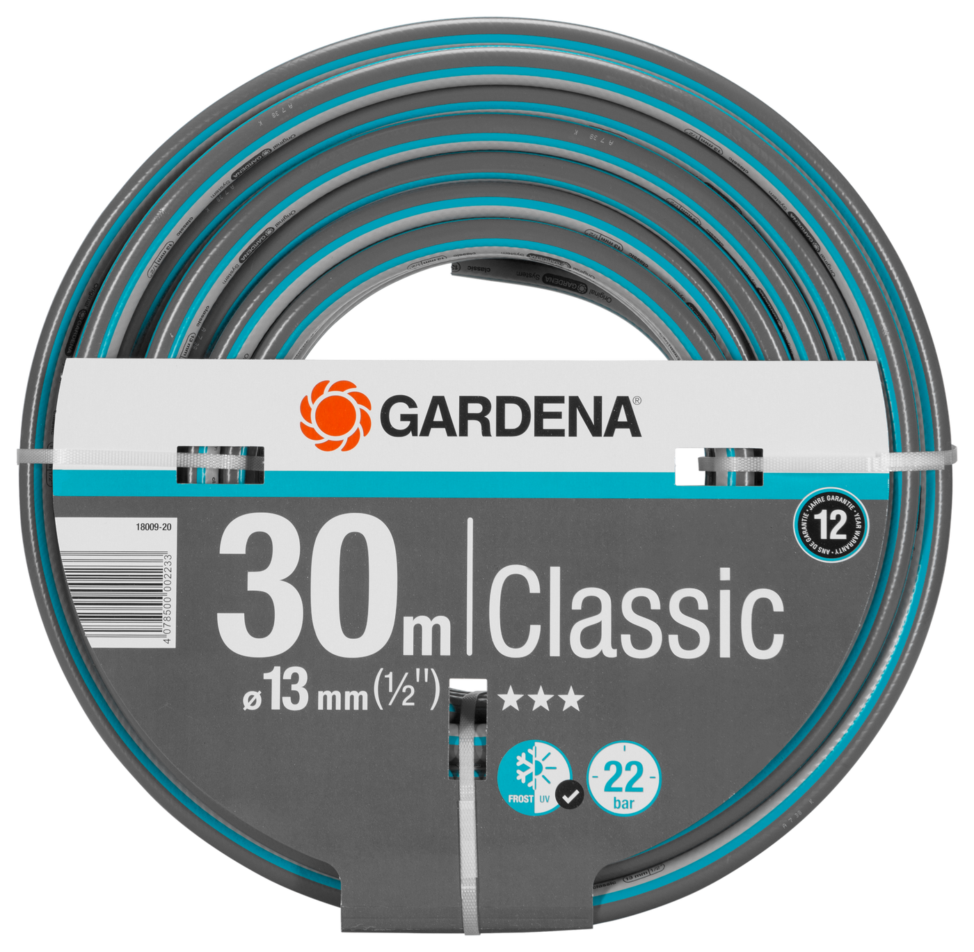 Front view of a Gardena Classic garden hose packaging showing specifications.