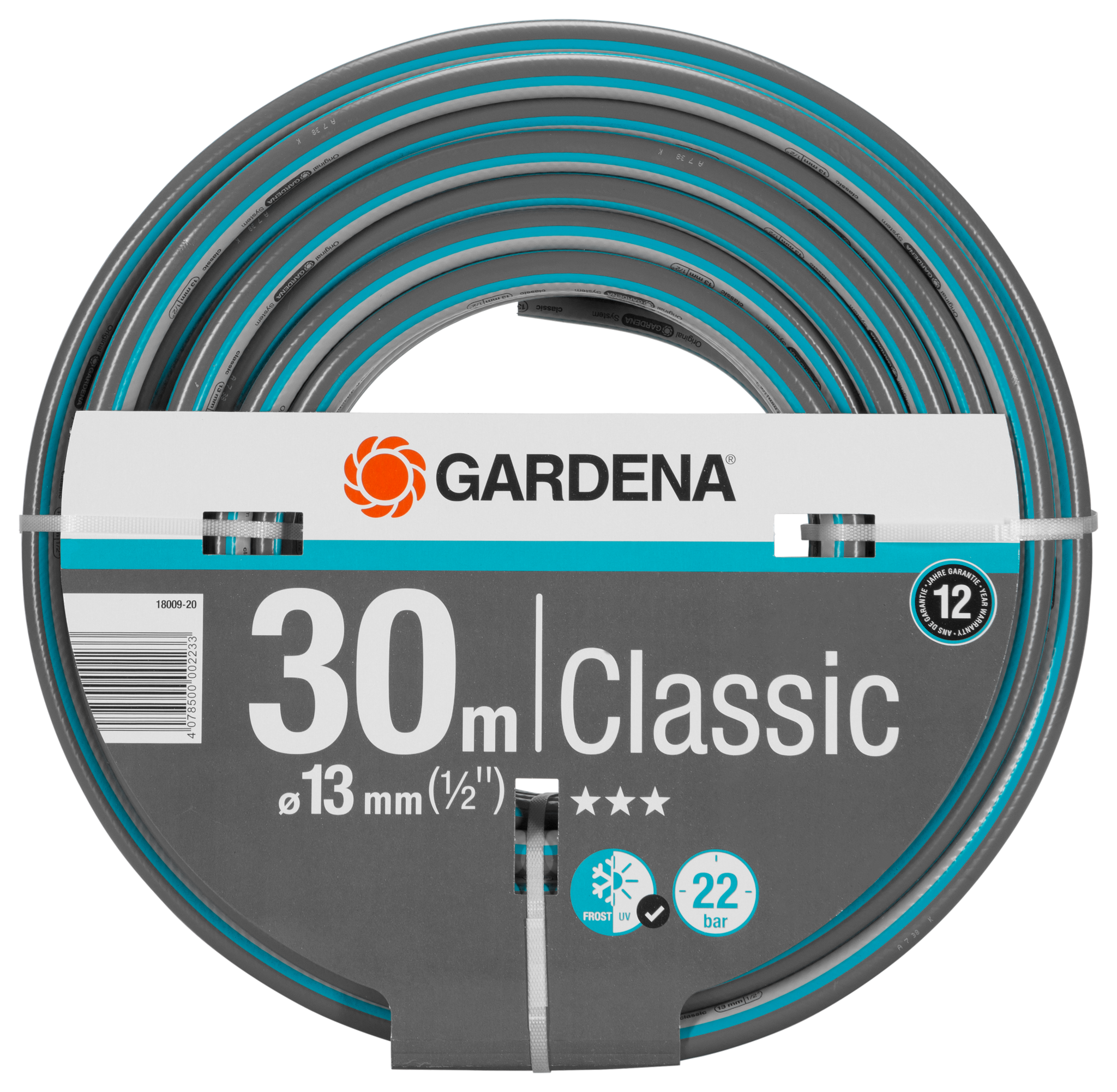 Front view of a Gardena Classic garden hose packaging showing specifications.