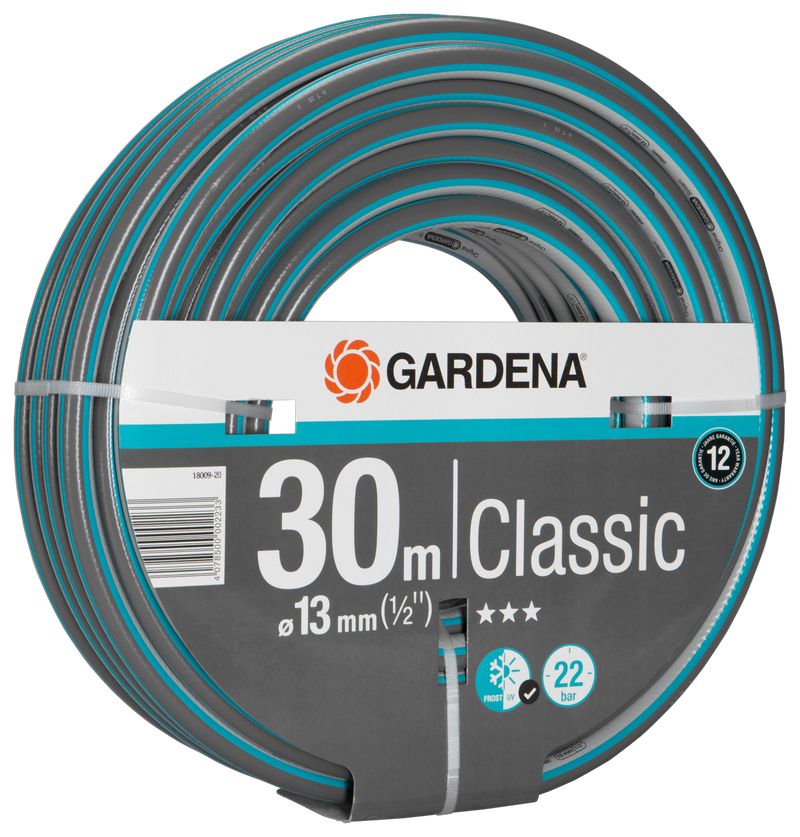 Gardena Classic 30m garden hose with specifications displayed on packaging., detailaanzicht Vijverslang