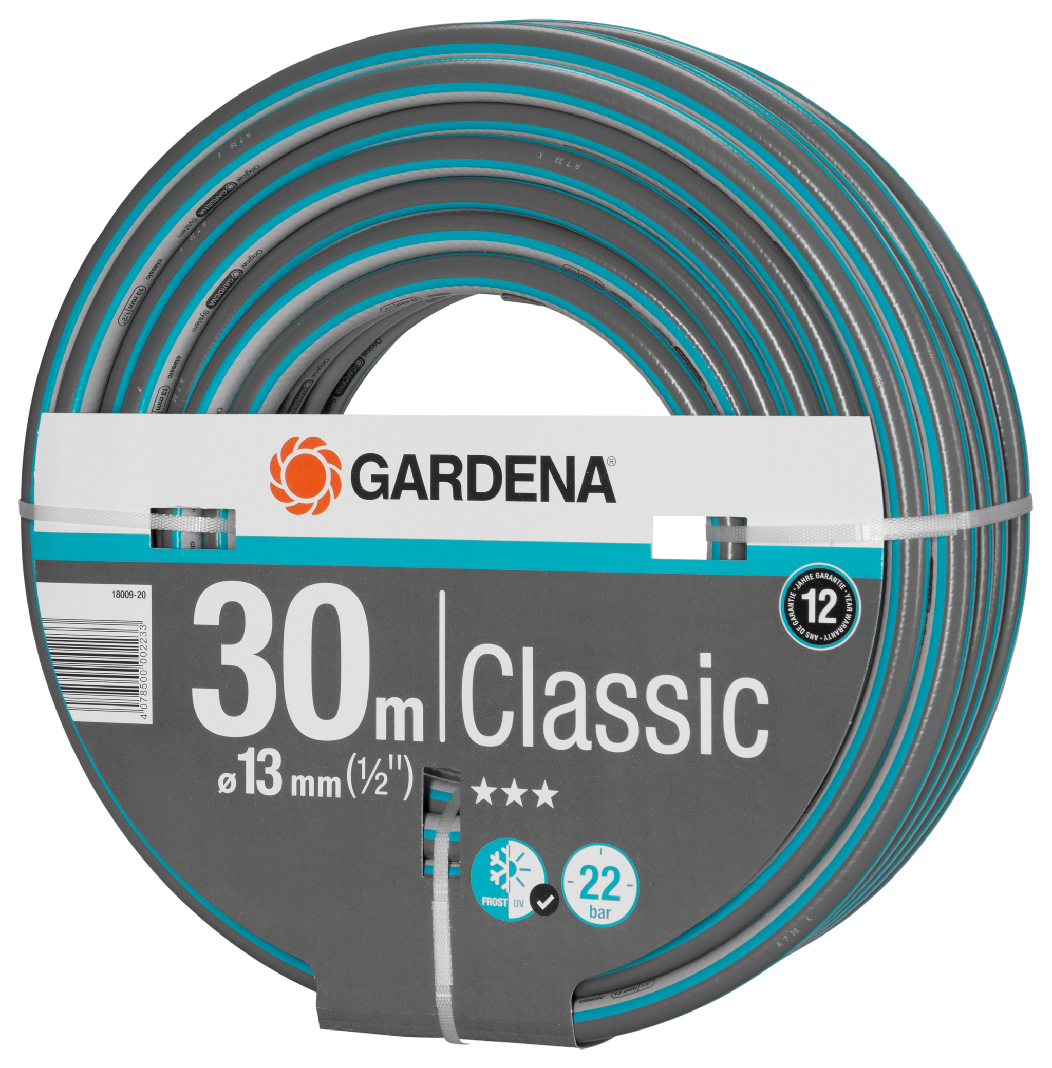 Gardena Classic 30m garden hose with packaging label showing specifications.