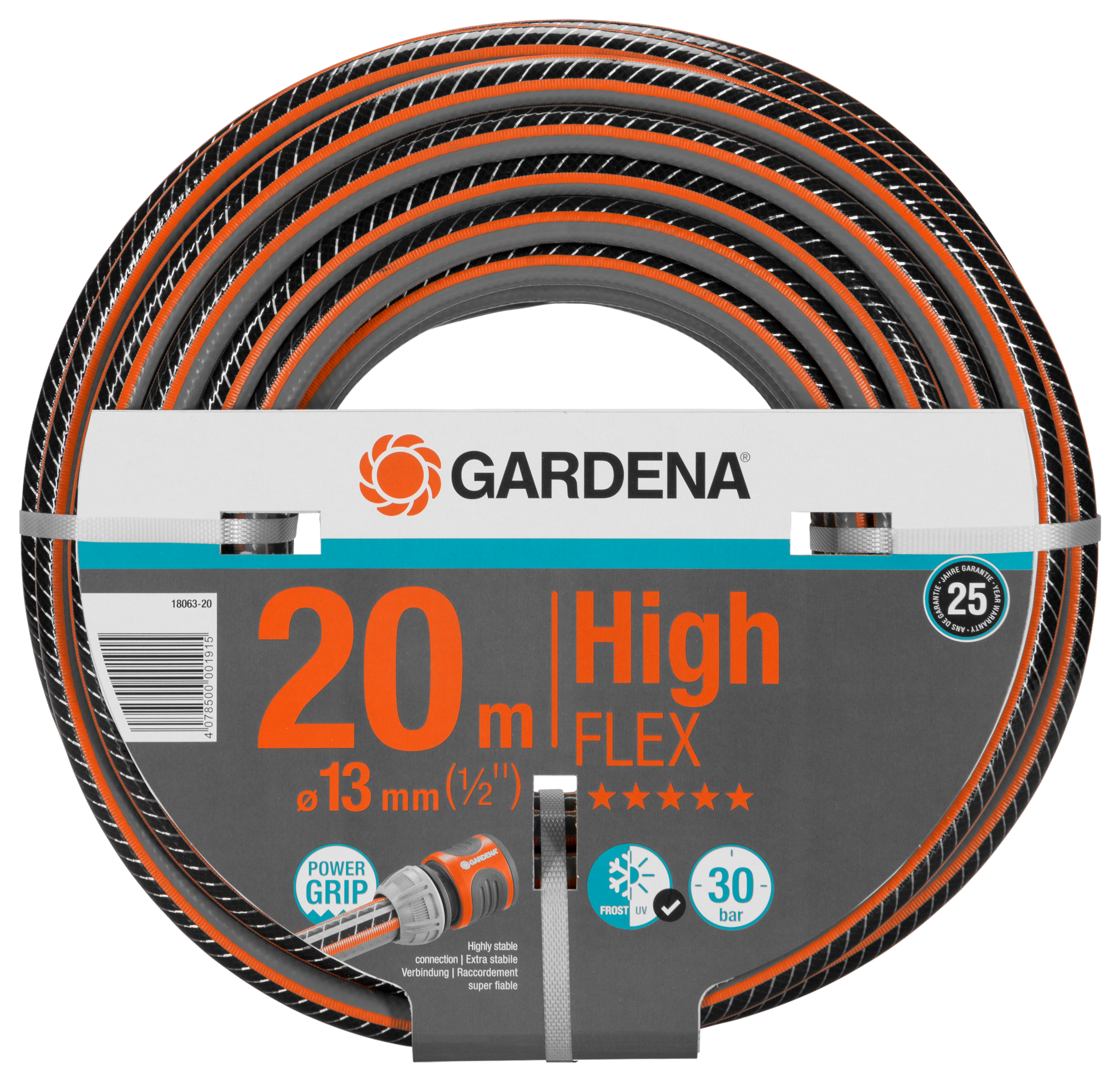 Front view of a Gardena 20m High Flex garden hose with Power Grip technology.