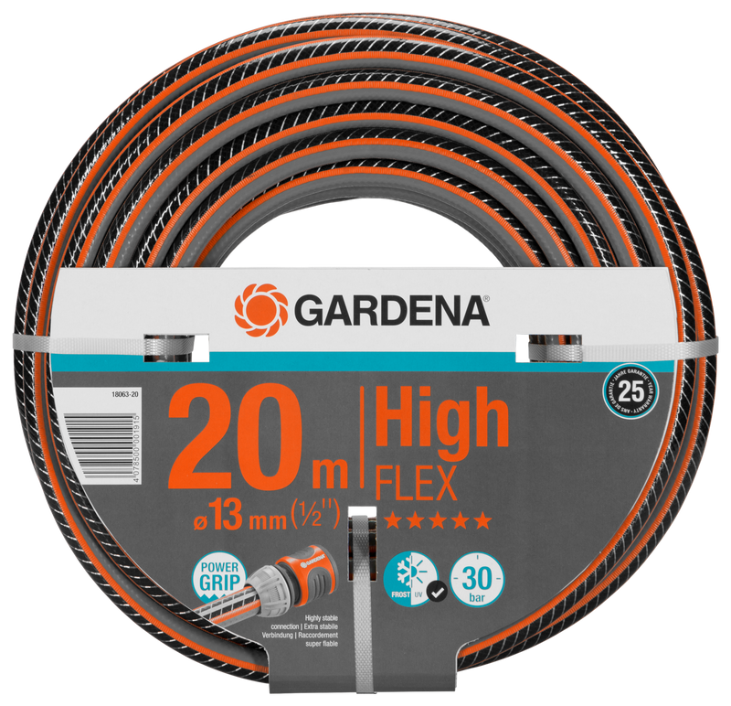 Front view of a Gardena 20m High Flex garden hose with Power Grip technology., Vijverslang bij Vijvercentrum