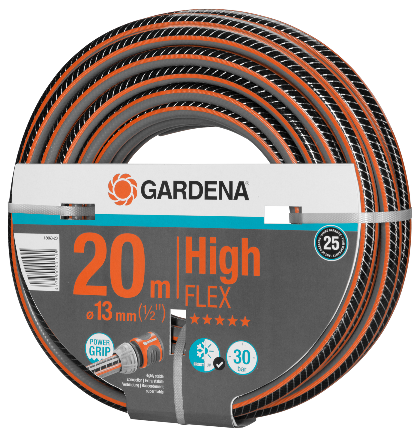 Front view of a Gardena 20m High Flex garden hose with Power Grip feature.