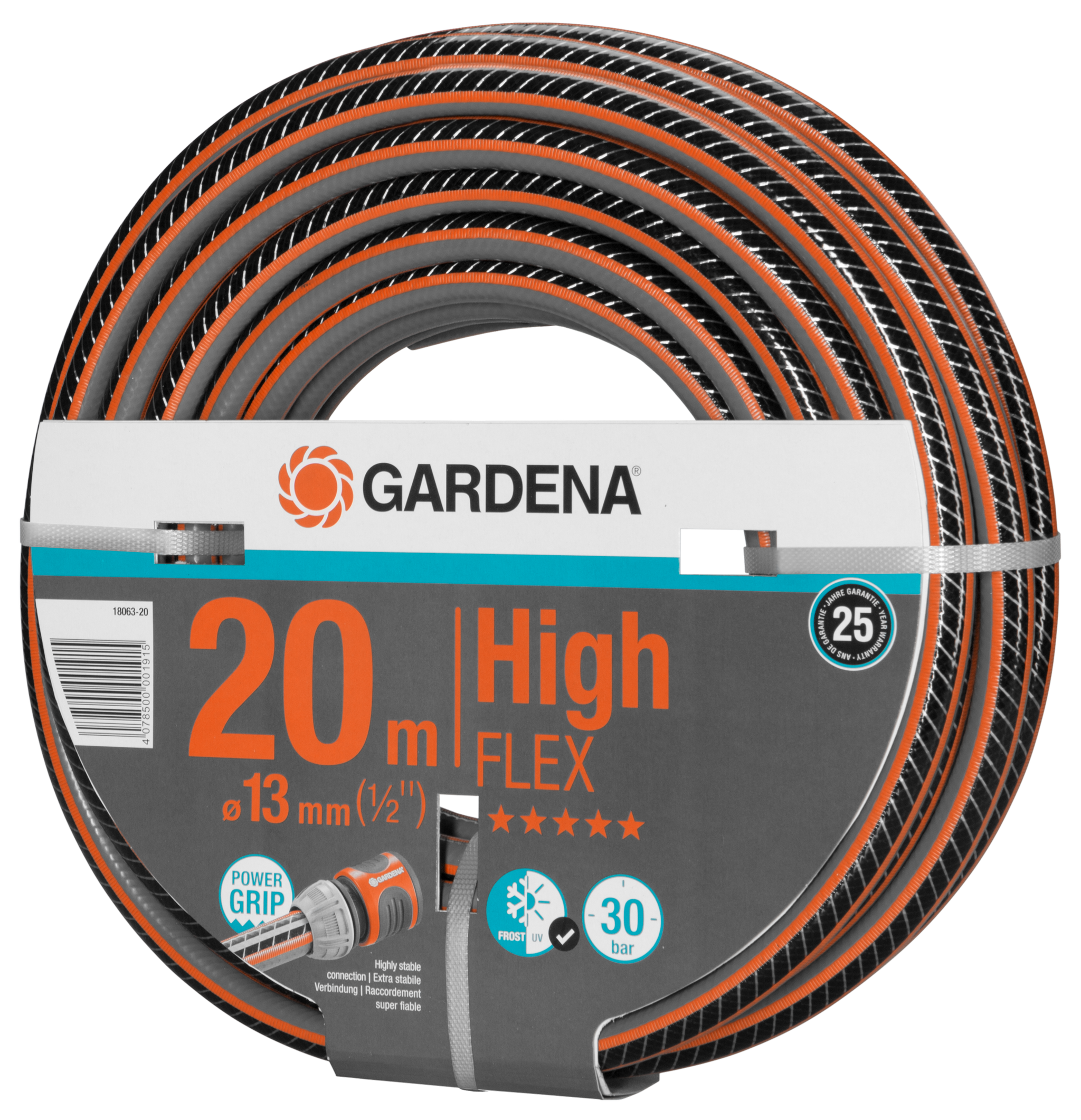 Front view of a Gardena 20m High Flex garden hose with Power Grip feature.