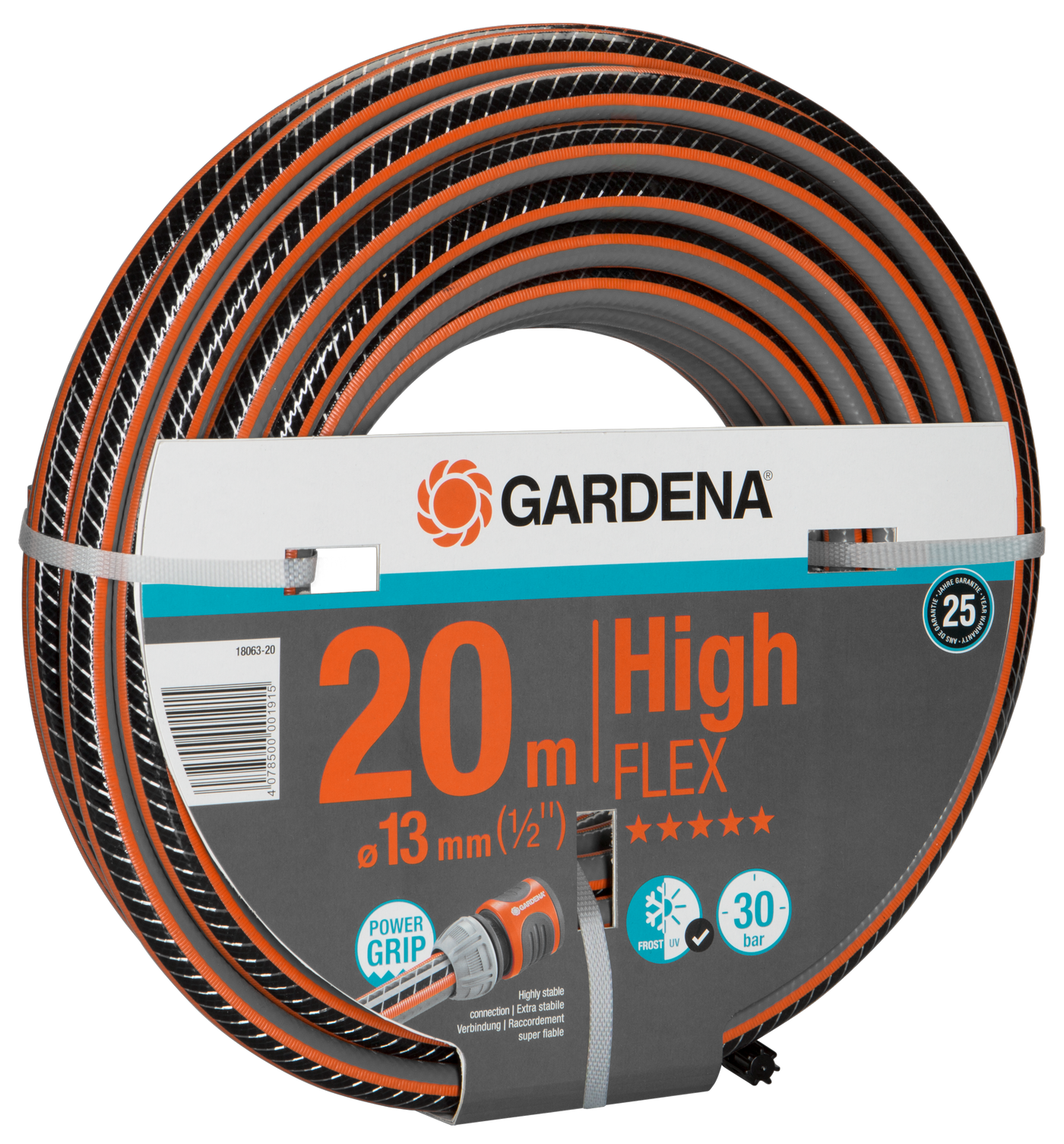 Gardena 20m High Flex garden hose with Power Grip technology, suitable for up to 30 bar pressure.