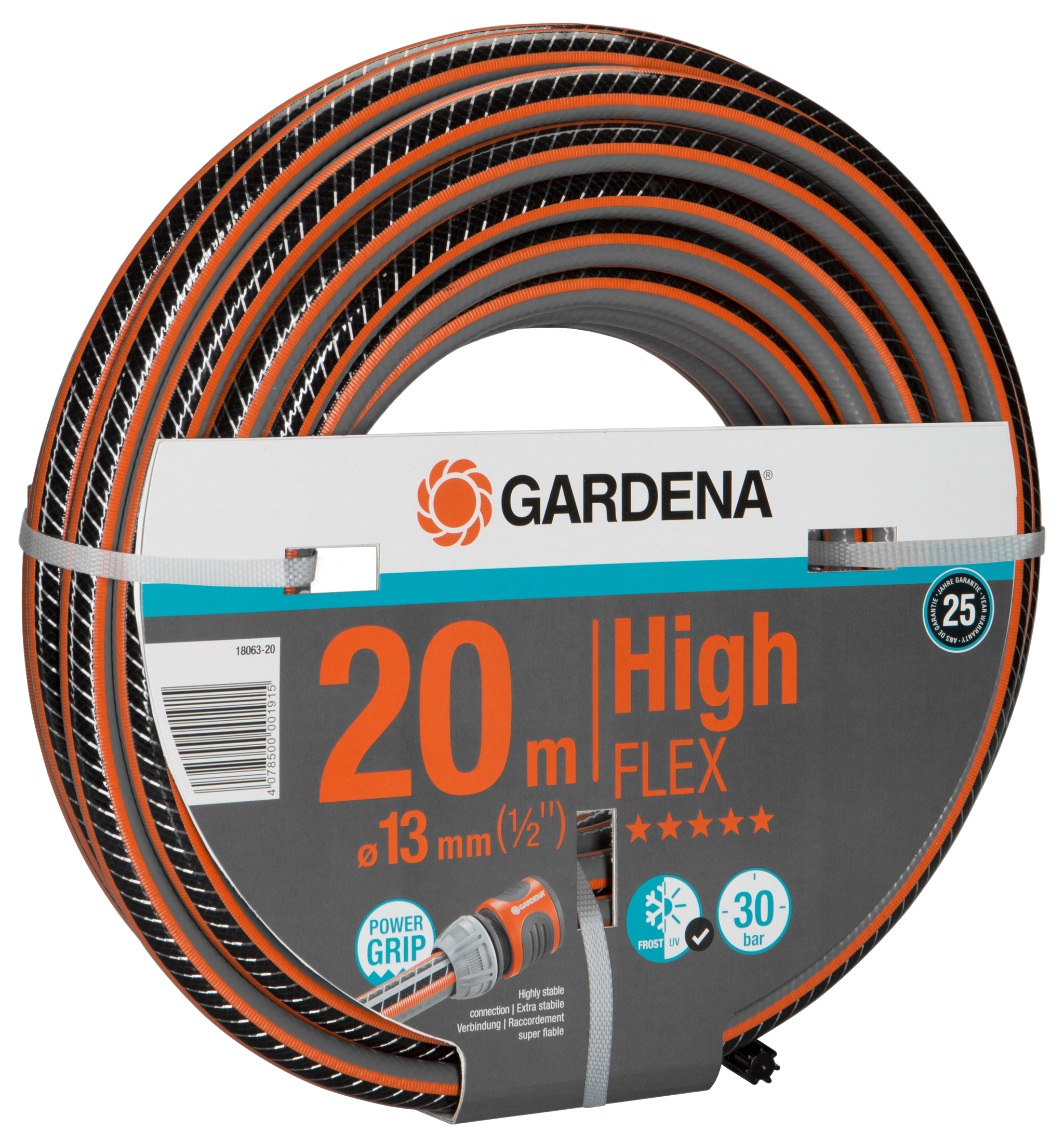 Gardena 20m High Flex garden hose with Power Grip technology, suitable for up to 30 bar pressure.