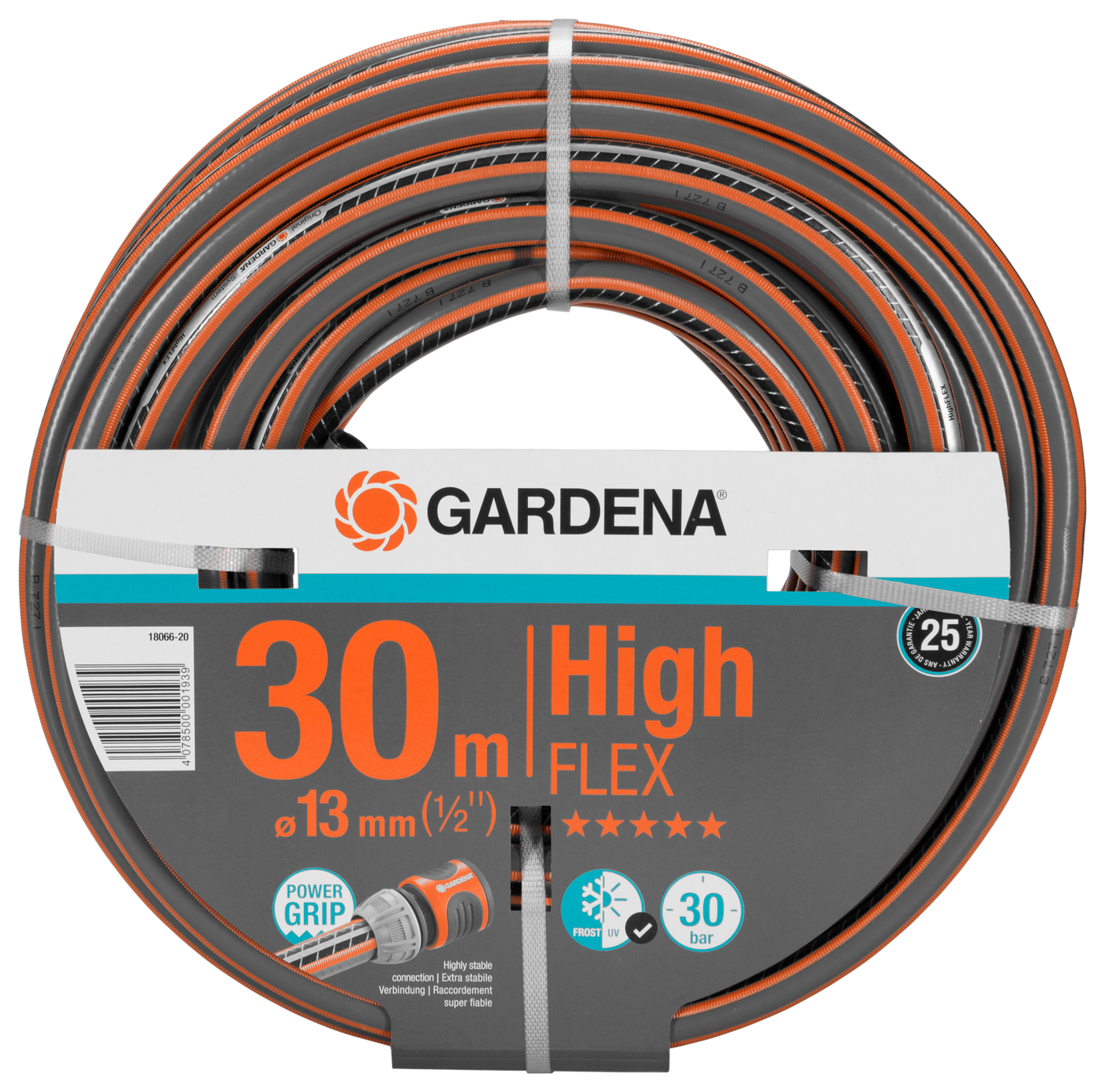 Front view of a Gardena 30-meter High Flex garden hose with Power Grip feature.