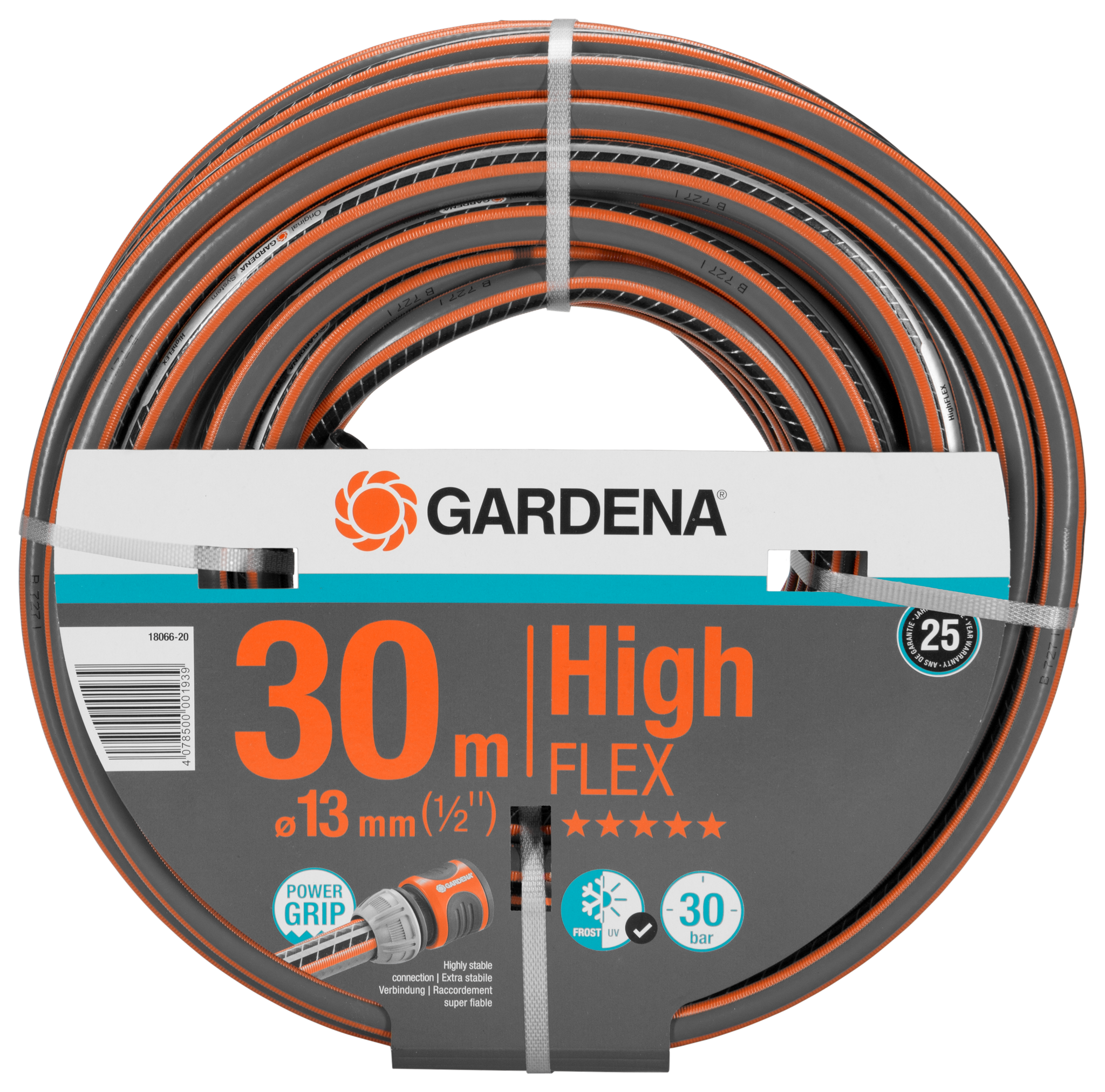 Front view of a Gardena 30-meter High Flex garden hose with Power Grip feature.