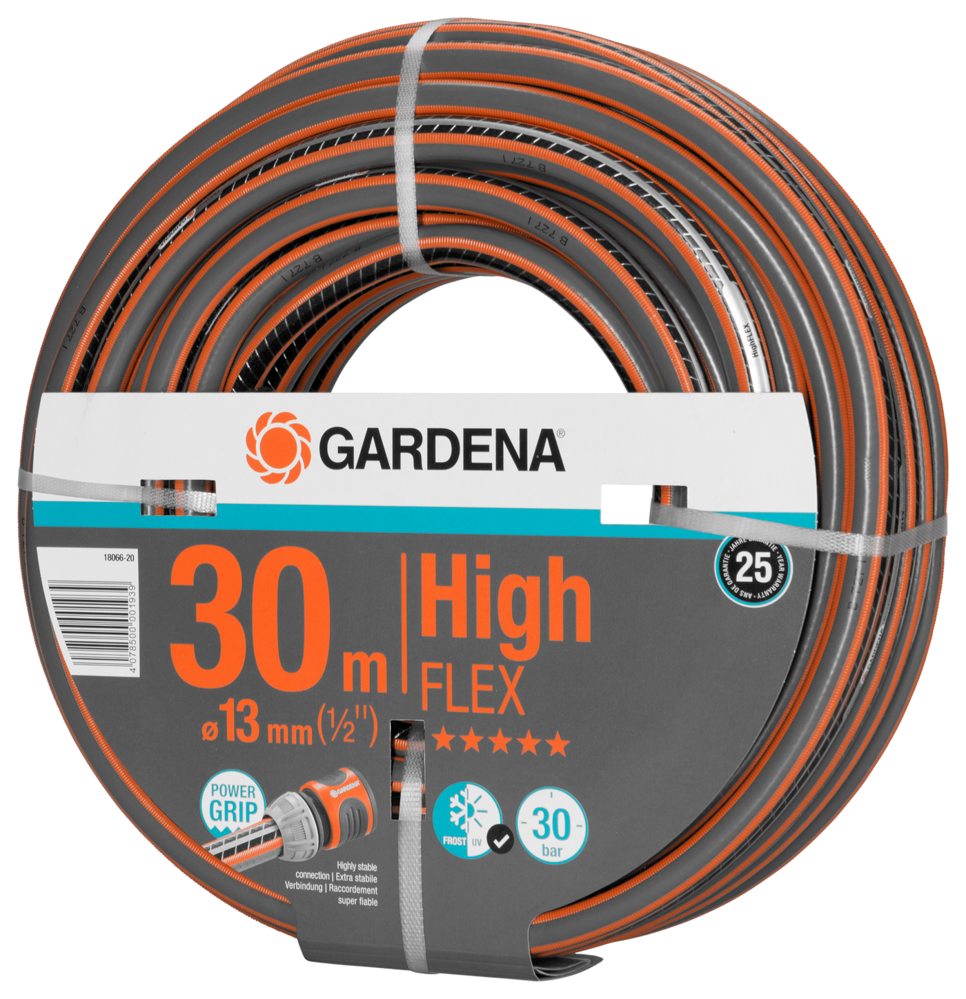 Gardena 30m High Flex garden hose with Power Grip feature.