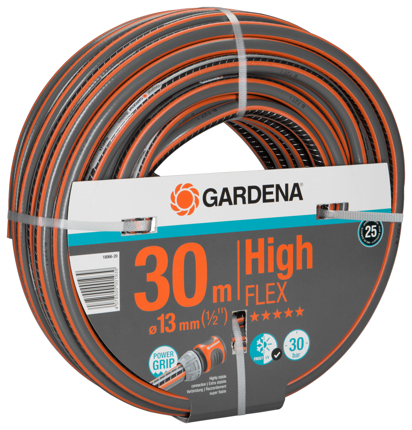 Gardena High Flex 30m garden hose with Power Grip and 13mm diameter.