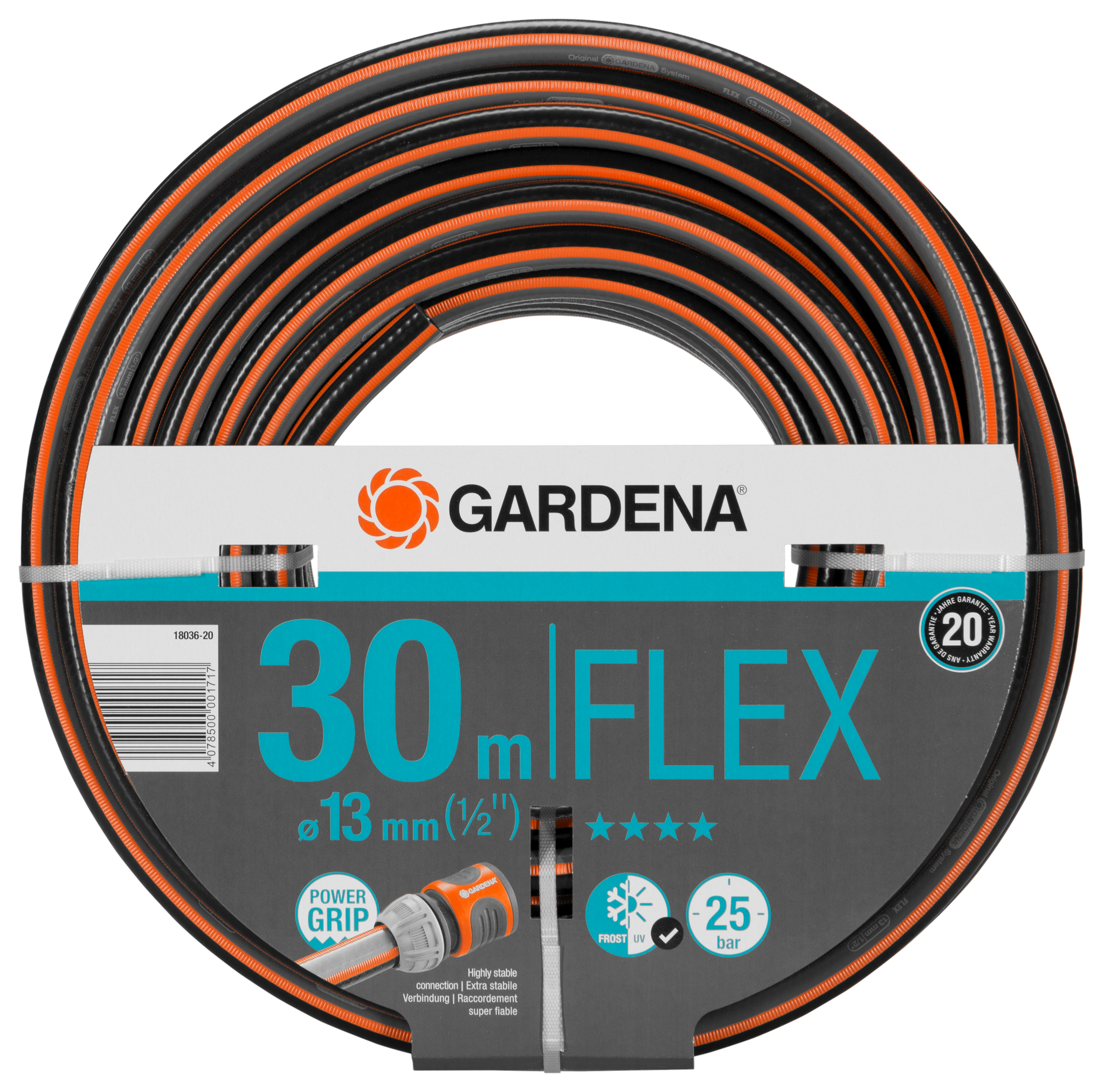 Front view of a Gardena 30-meter Flex garden hose with Power Grip feature.