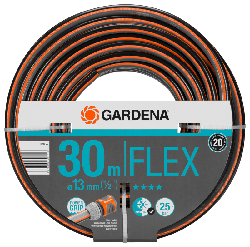Front view of a Gardena 30-meter Flex garden hose with Power Grip feature., Vijverslang bij Vijvercentrum