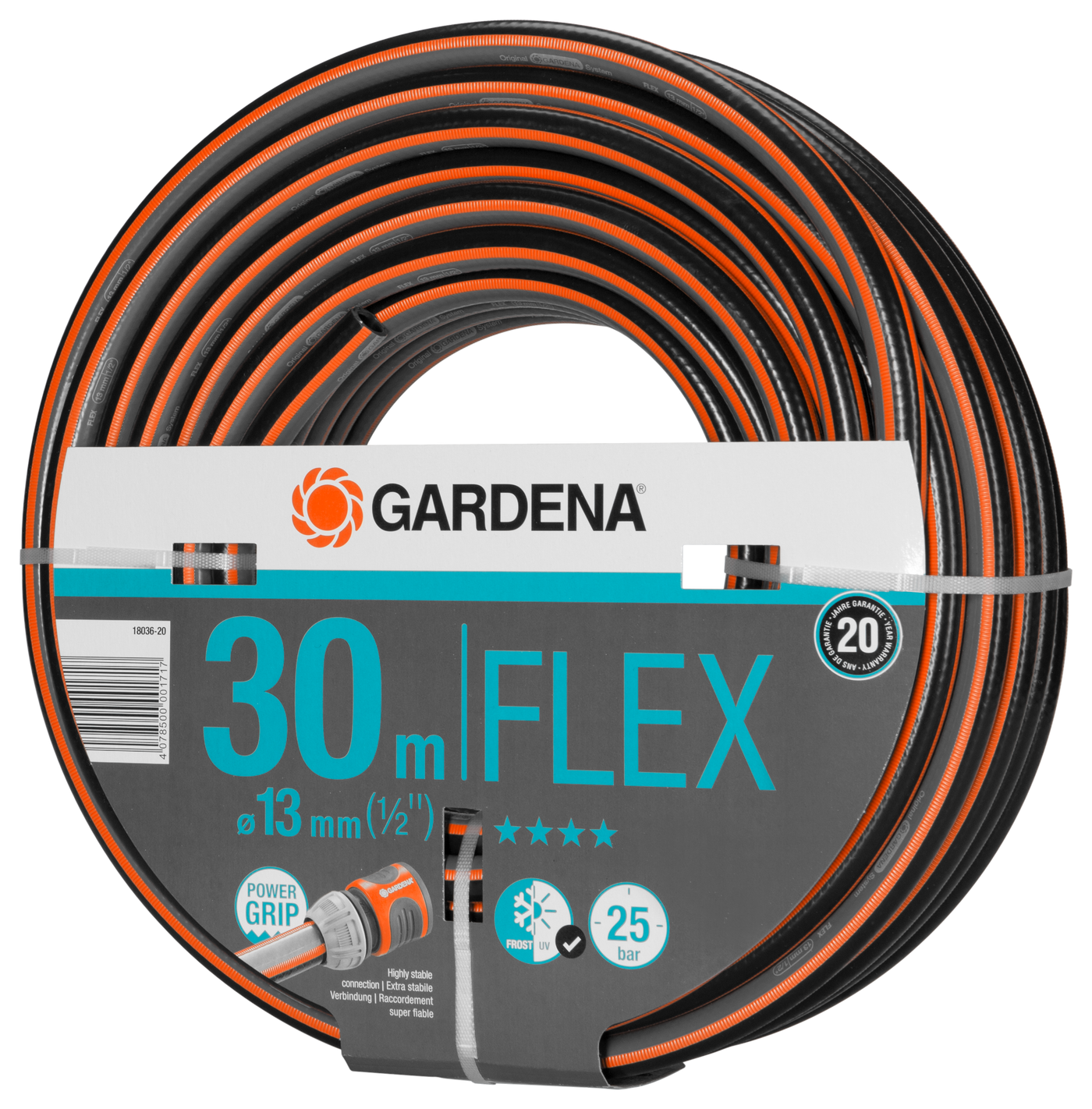 Front view of a Gardena Flex garden hose with Power Grip technology, 30m length and 13mm diameter.