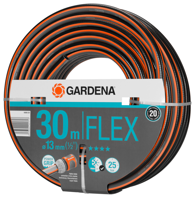 Front view of a Gardena Flex garden hose with Power Grip technology, 30m length and 13mm diameter., detailaanzicht Vijverslang