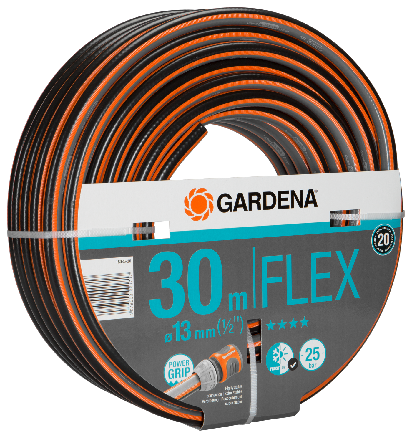 Gardena FLEX garden hose, 30 meters, with Power Grip profile for secure connection.