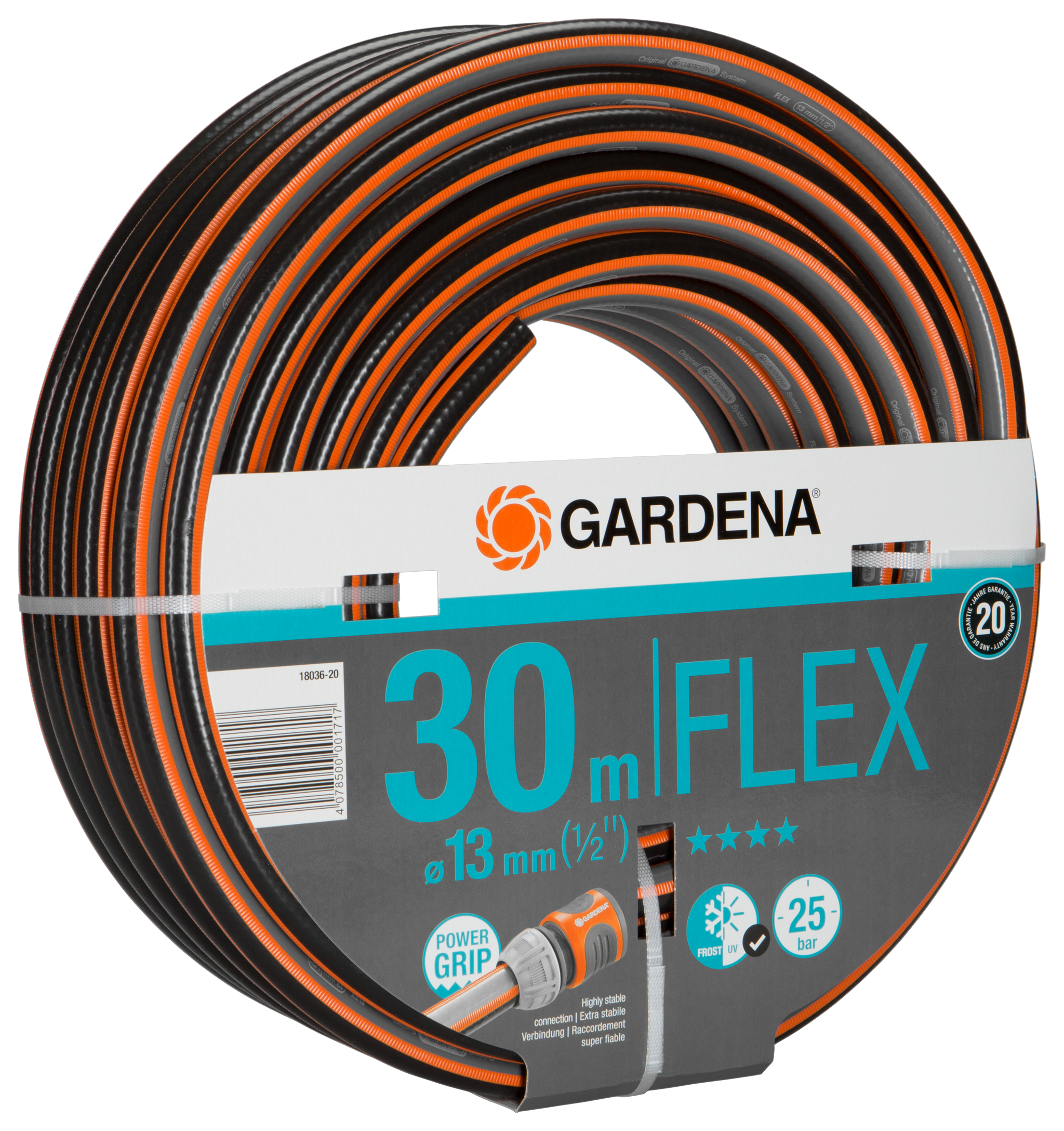 Gardena FLEX garden hose, 30 meters, with Power Grip profile for secure connection.