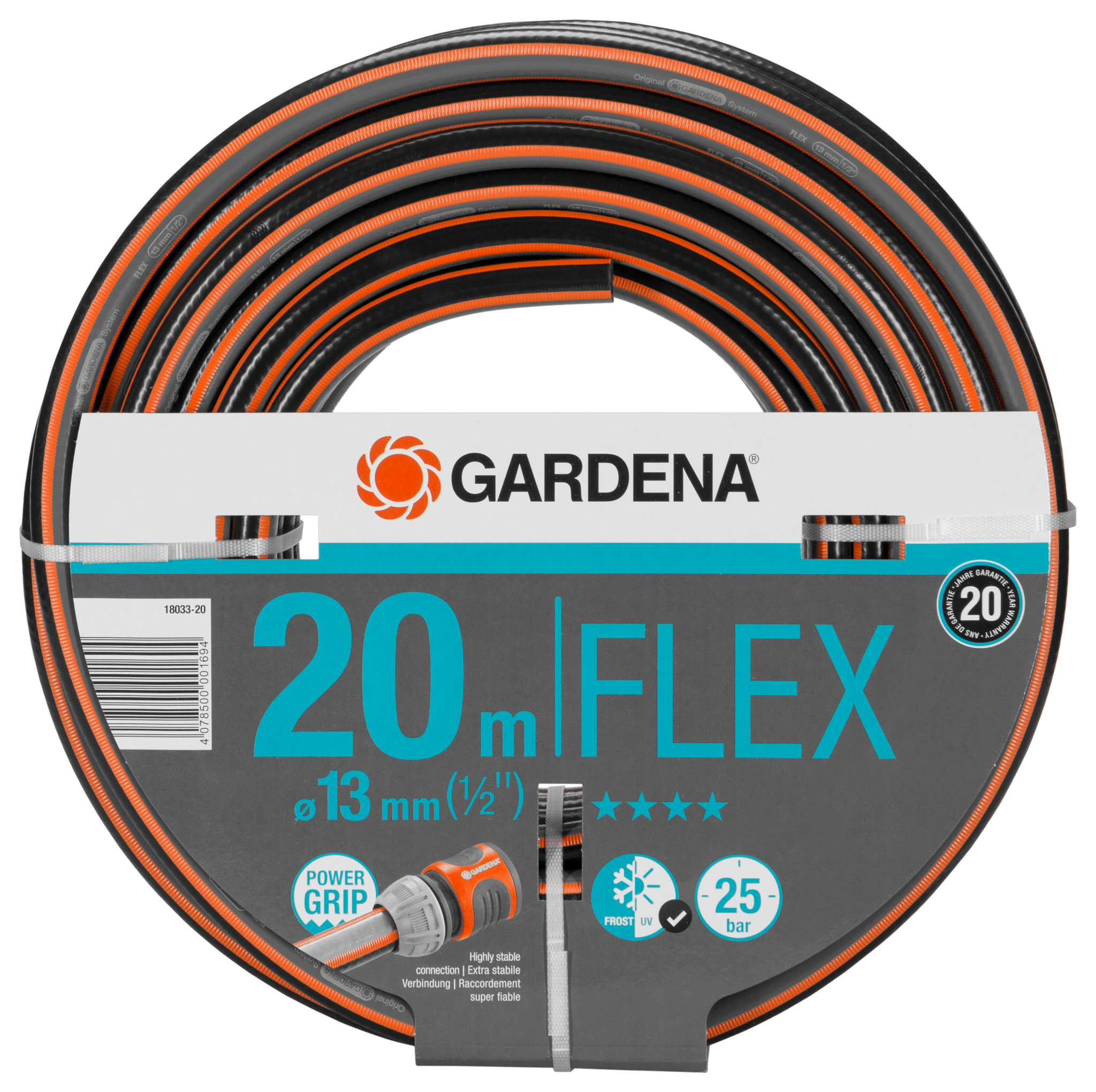 Front view of a Gardena 20-meter Flex garden hose with Power Grip feature.