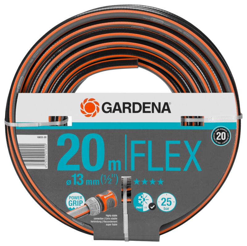 Front view of a Gardena 20-meter Flex garden hose with Power Grip feature., Vijverslang bij Vijvercentrum