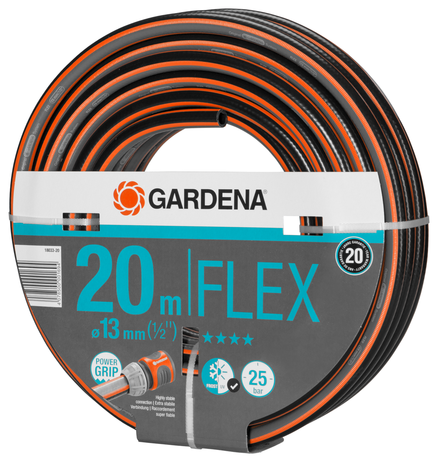 Gardena Flex hose, 20 meters long, with Power Grip and 25 bar pressure rating.