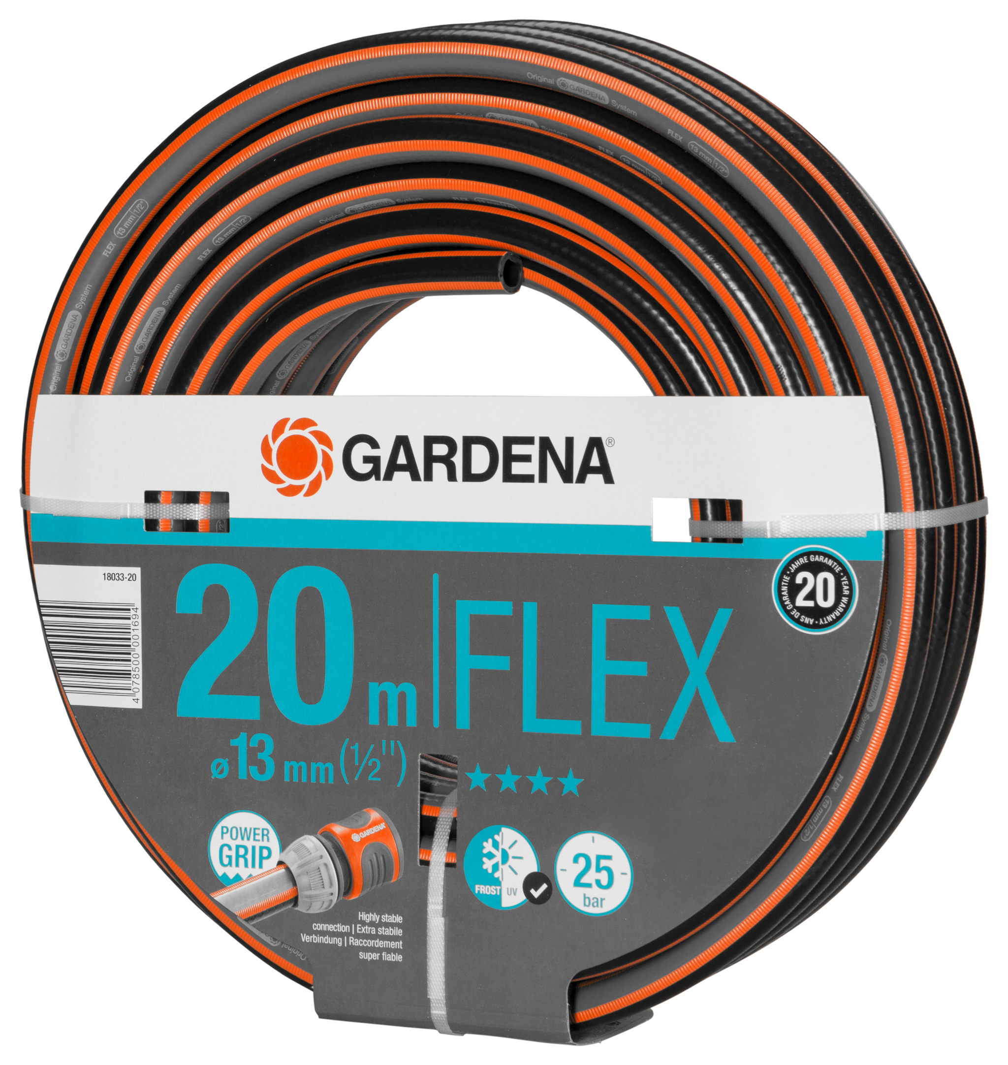 Gardena Flex hose, 20 meters long, with Power Grip and 25 bar pressure rating.