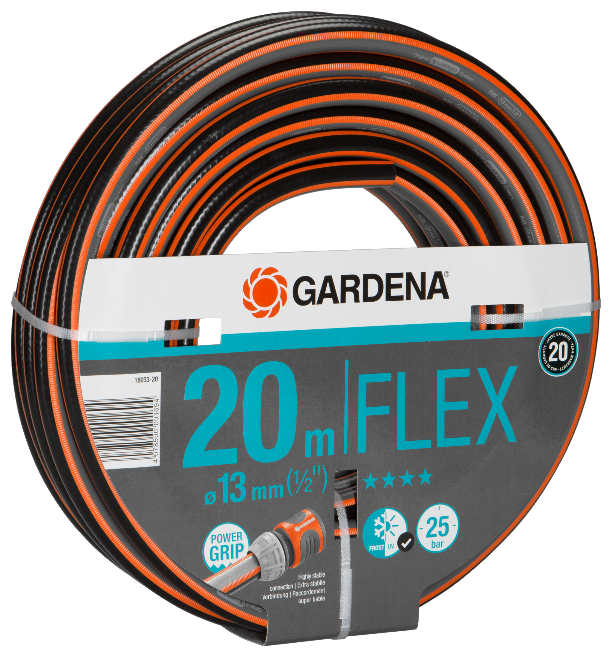 Front view of a Gardena FLEX garden hose, 20m length with Power Grip feature.