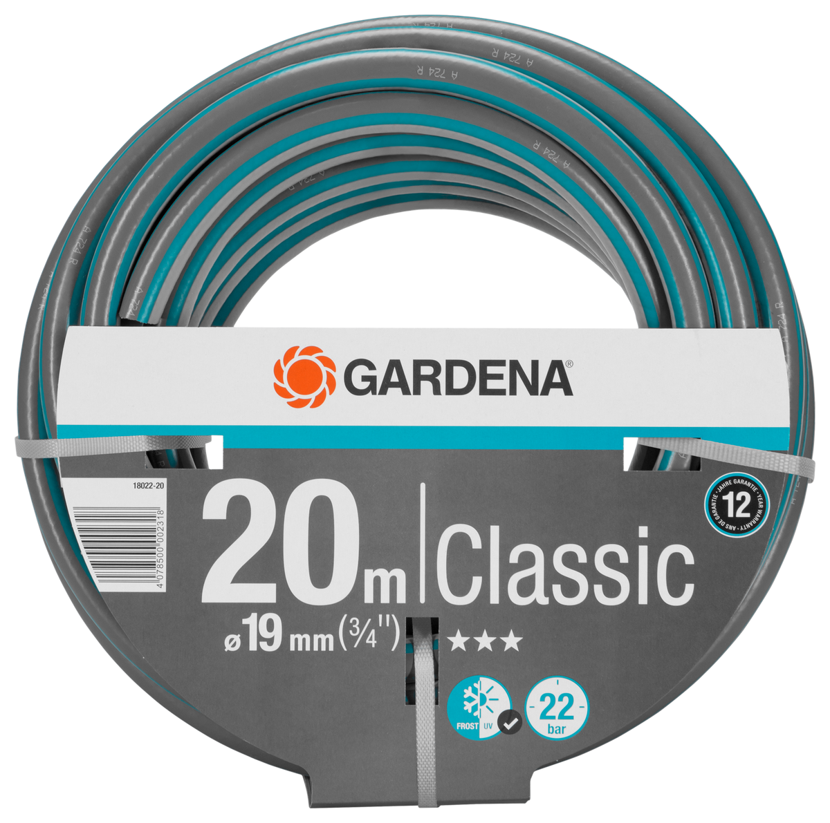 Front view of a Gardena Classic garden hose, 20 meters long, with packaging details visible.