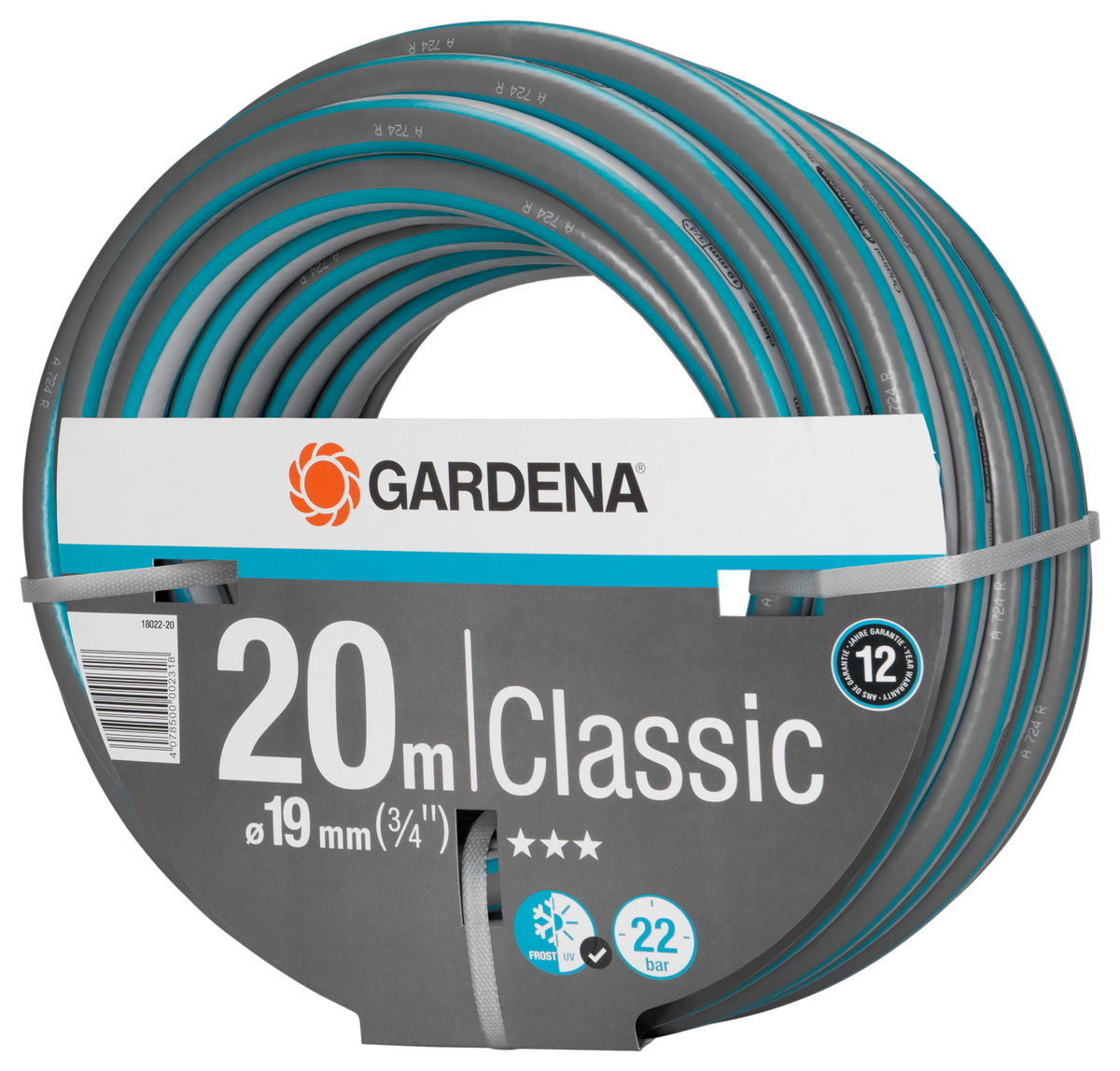 Gardena Classic garden hose, 20 meters long and 19 mm diameter, packaged for retail.
