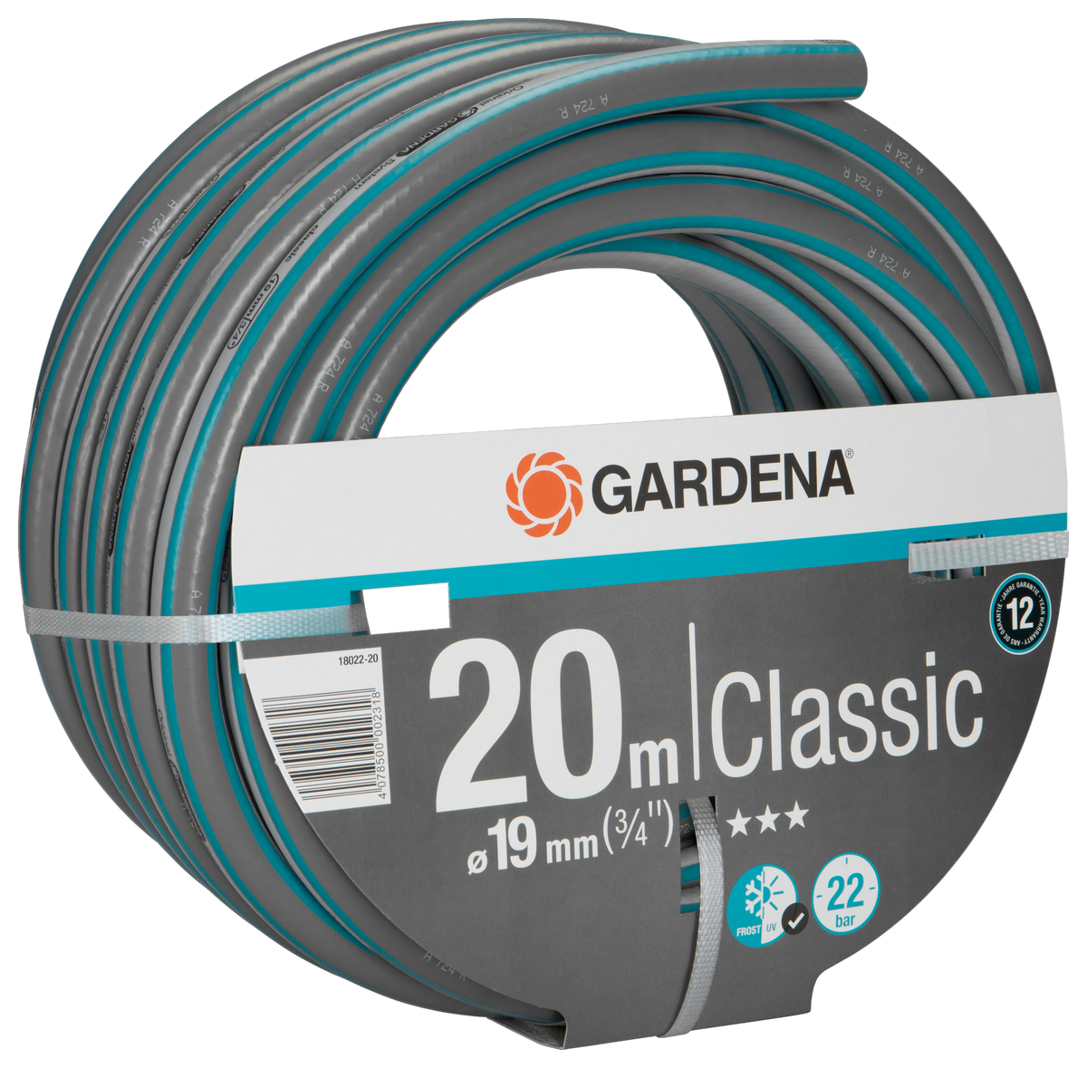 Front view of a Gardena Classic garden hose, 20 meters long, with packaging details visible.