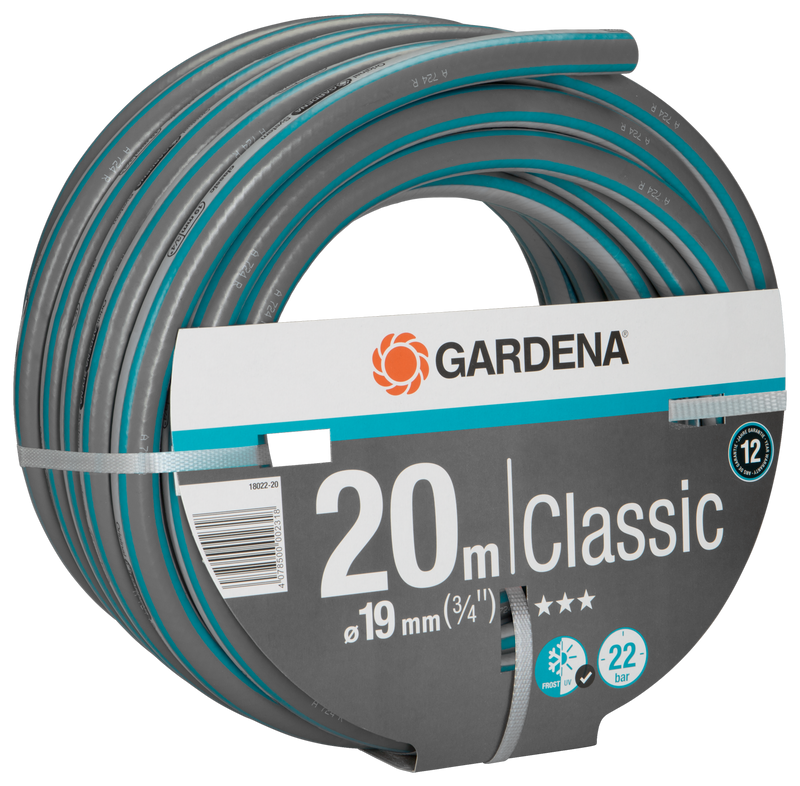 Front view of a Gardena Classic garden hose, 20 meters long, with packaging details visible., afbeelding 3 Vijverslang