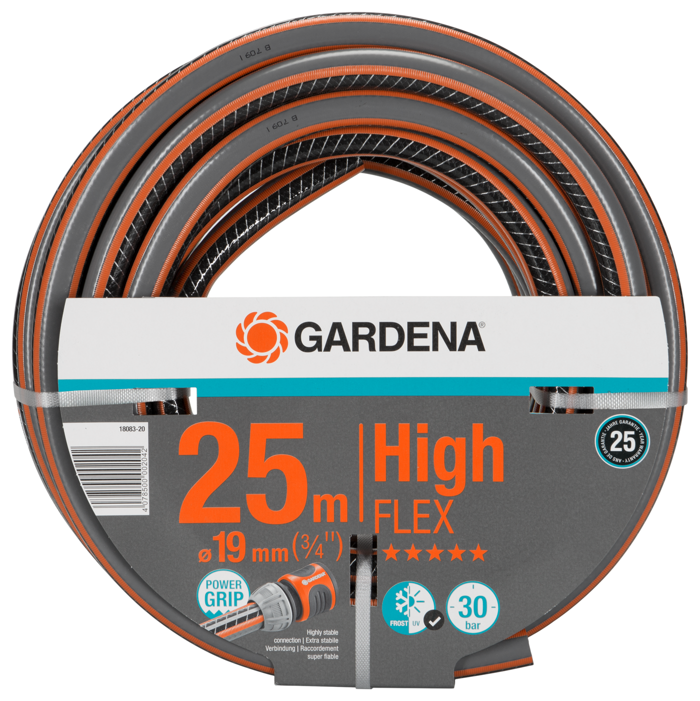 Front view of a Gardena High Flex garden hose, 25 meters long, with Power Grip technology.