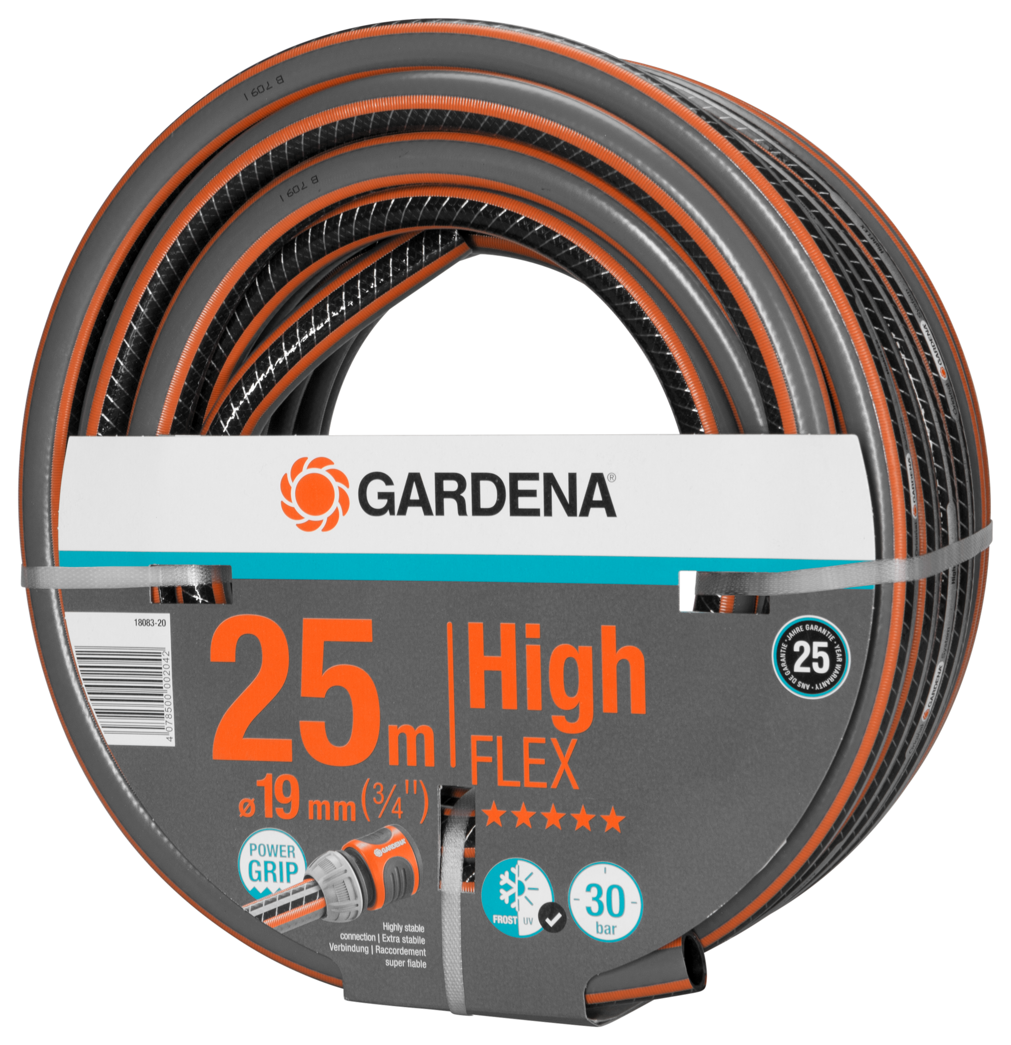 Front view of a Gardena High Flex garden hose, 25 meters long, with Power Grip technology.