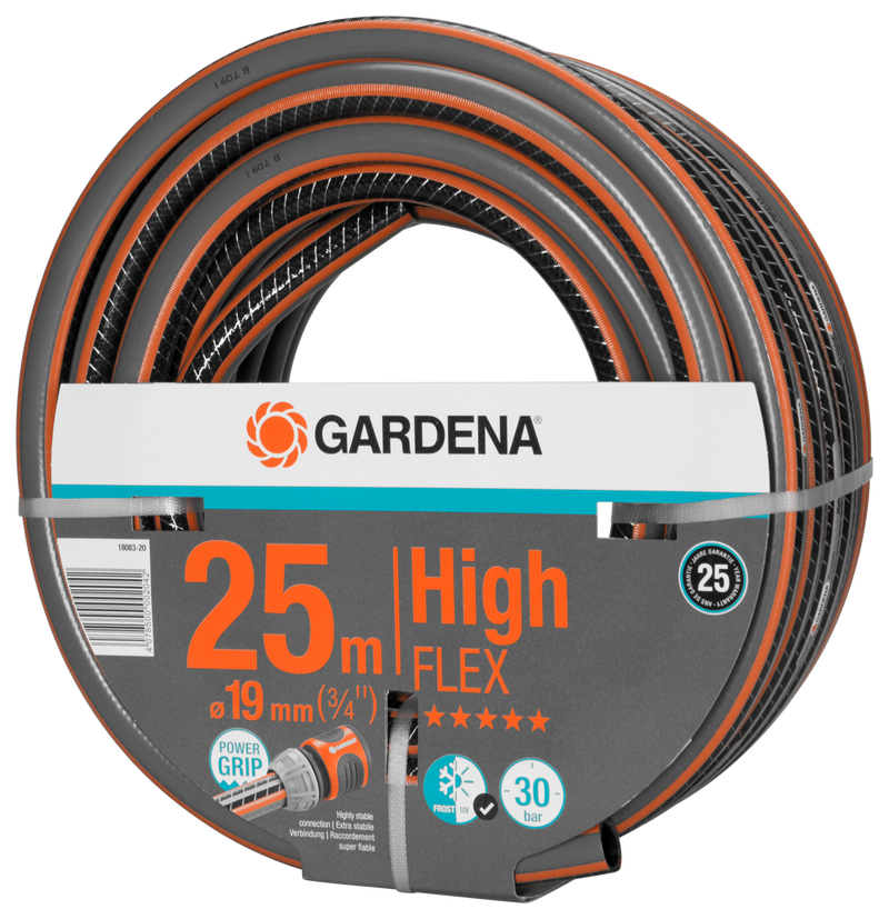 Front view of a Gardena High Flex garden hose, 25 meters long, with Power Grip technology., detailaanzicht Vijverslang