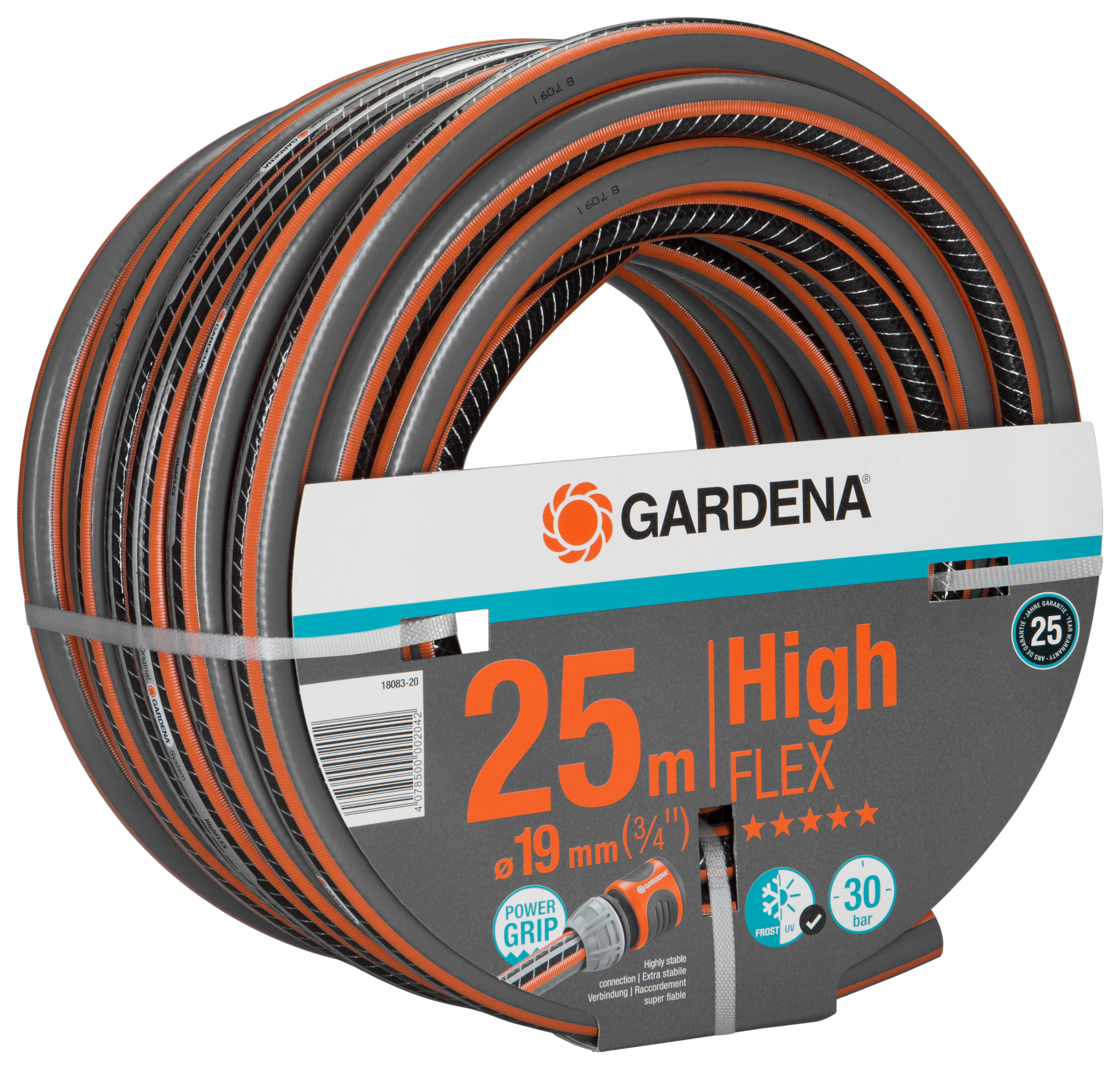 Gardena High Flex garden hose with Power Grip, 25m length and 19mm diameter.