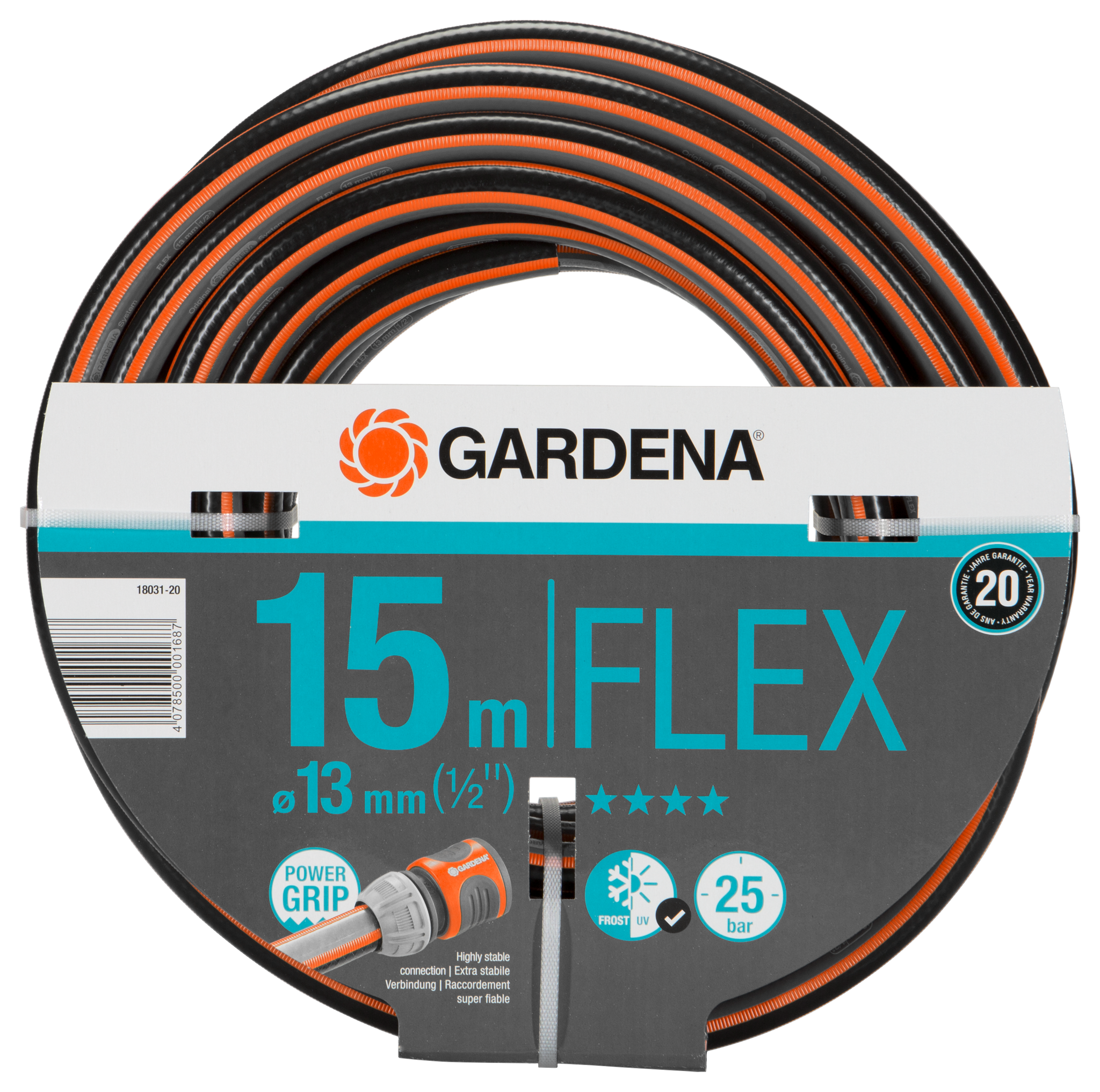 Gardena 15-meter Flex hose with Power Grip technology, designed for high flexibility and durability.