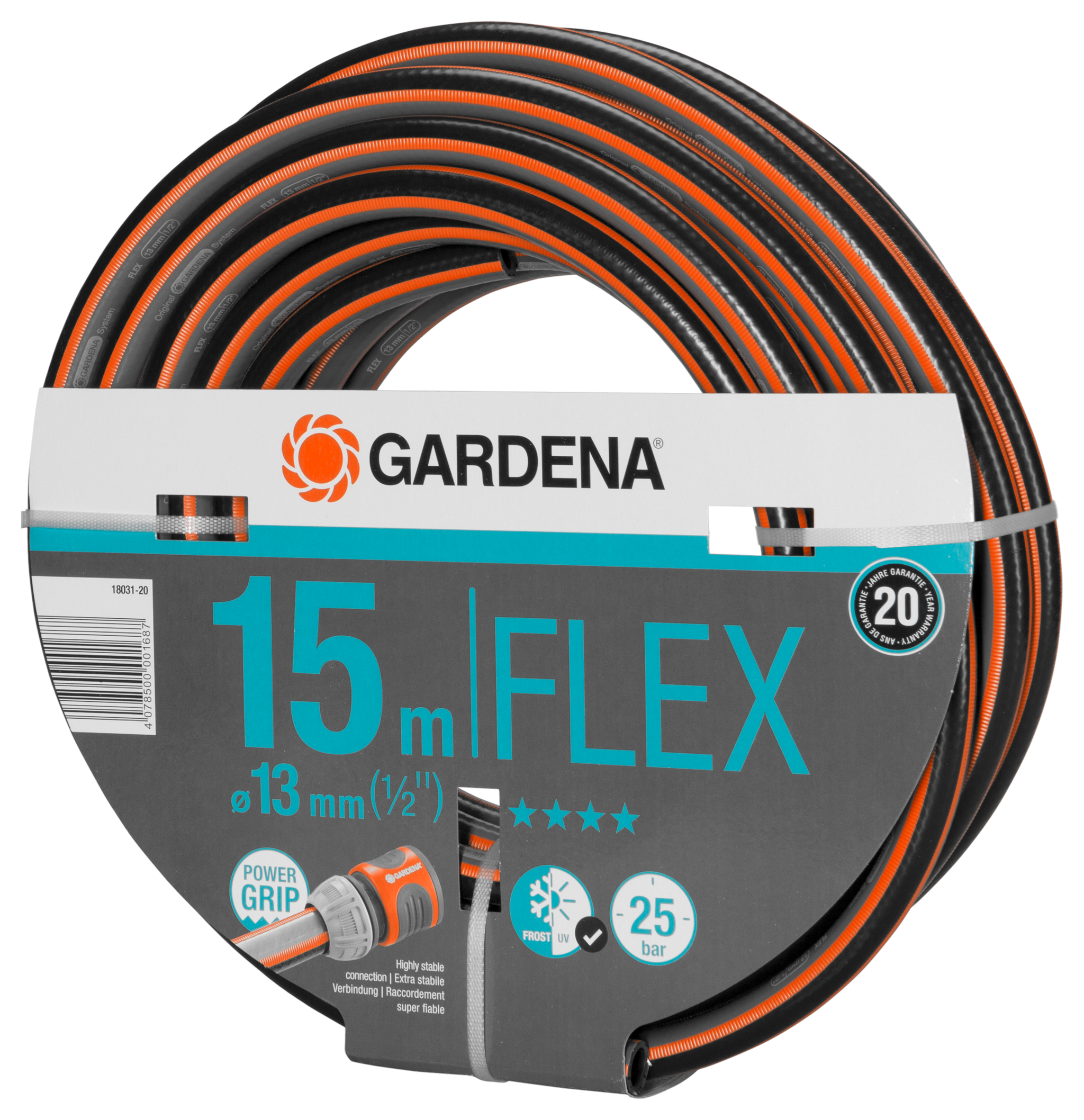 Front view of a Gardena 15m FLEX garden hose with Power Grip technology.