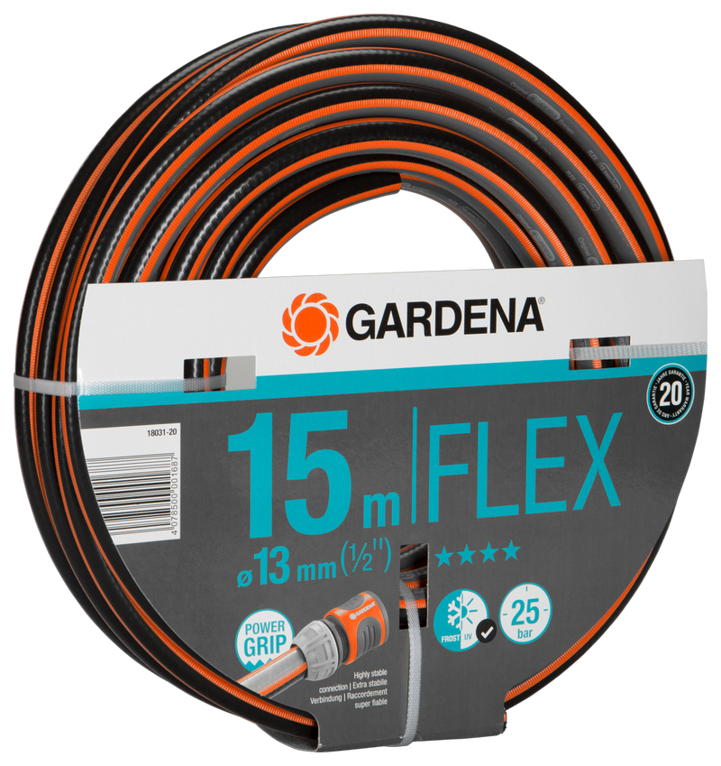Front view of a Gardena FLEX garden hose with packaging displaying specifications., afbeelding 4 Tuingereedschap