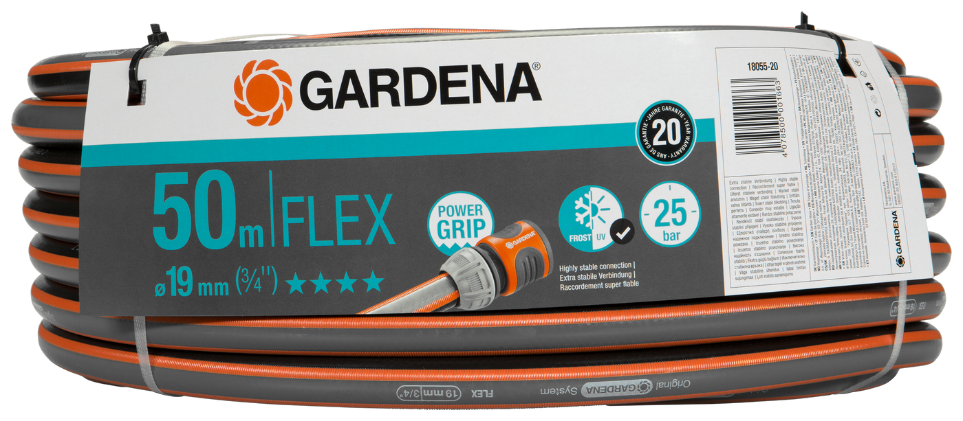 Gardena 50m Flex hose with Power Grip and frost protection features, rated at 25 bar.