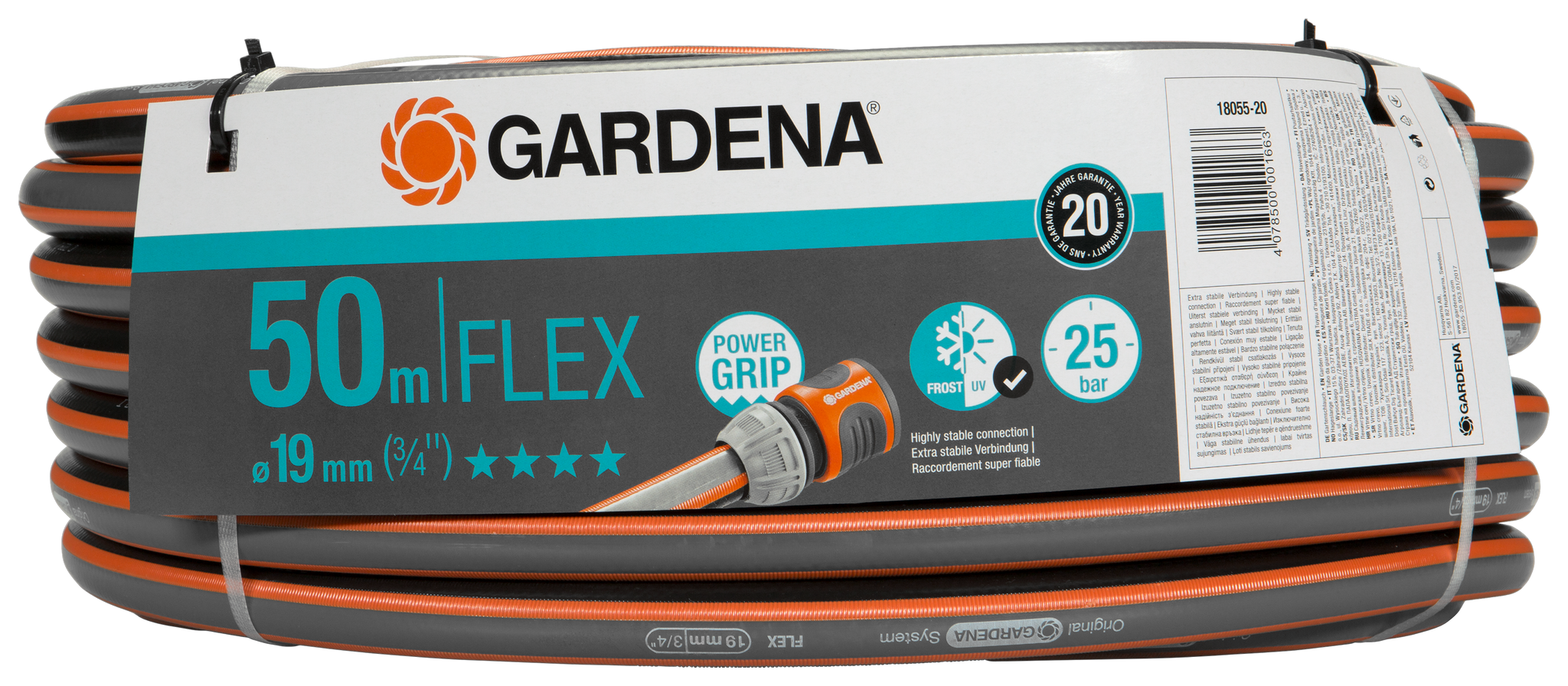 Gardena 50m Flex hose with Power Grip and frost protection features, rated at 25 bar.