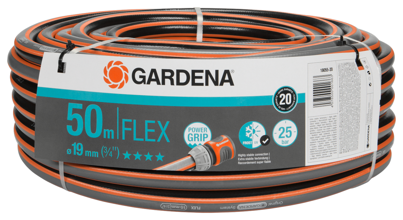 Front view of a Gardena Flex hose with 50m length and 19mm diameter, featuring Power Grip technology.
