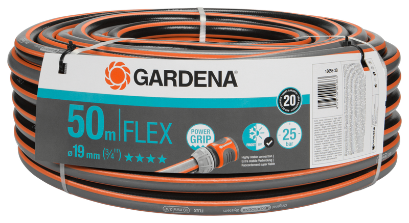 Front view of a Gardena Flex hose with 50m length and 19mm diameter, featuring Power Grip technology., detailaanzicht Vijverslang