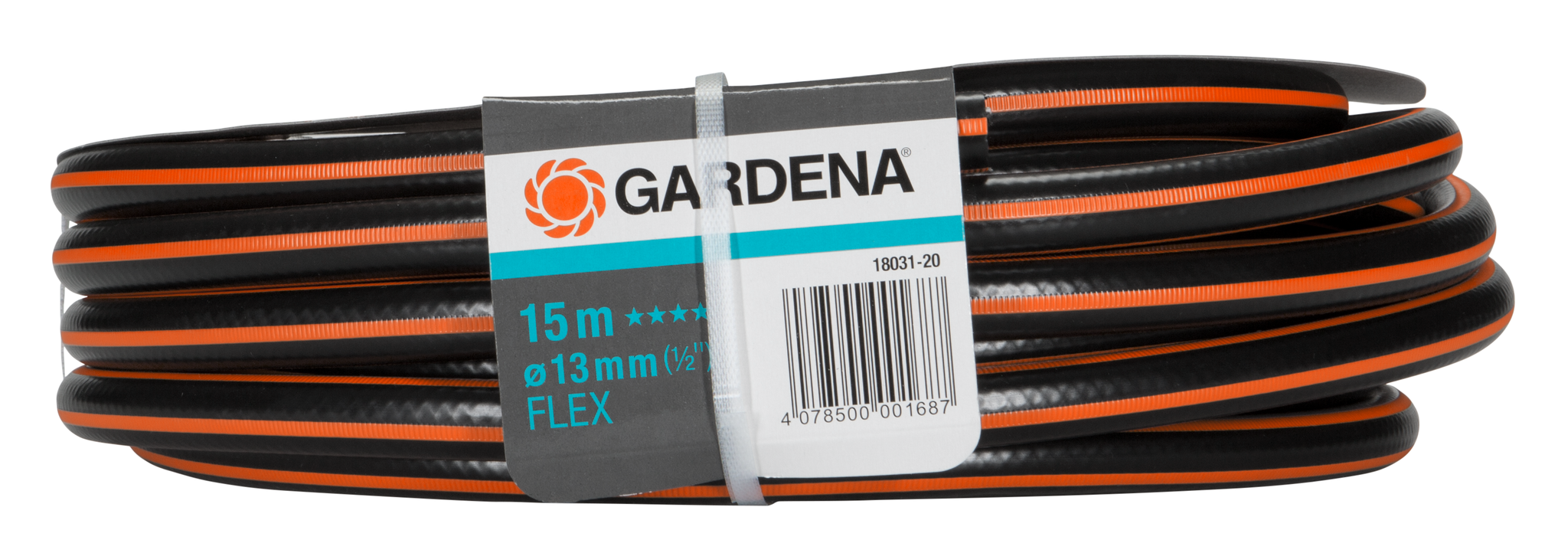 Coiled Gardena garden hose with product label showing specifications.