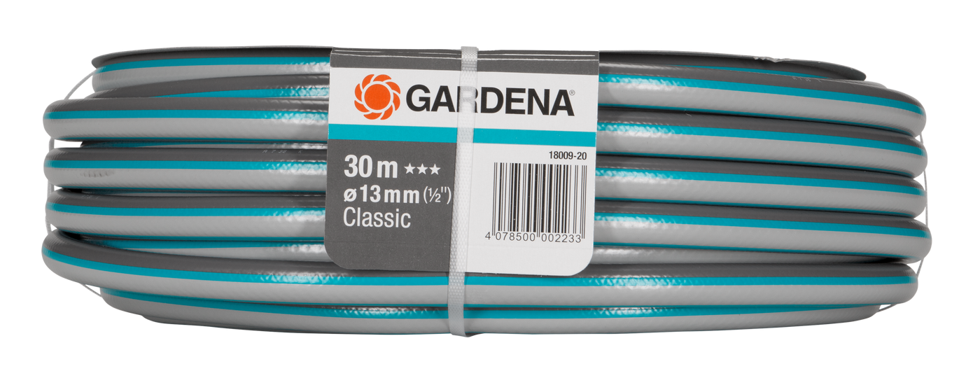 Front view of a Gardena Classic garden hose, 30 meters long with 13 mm diameter.